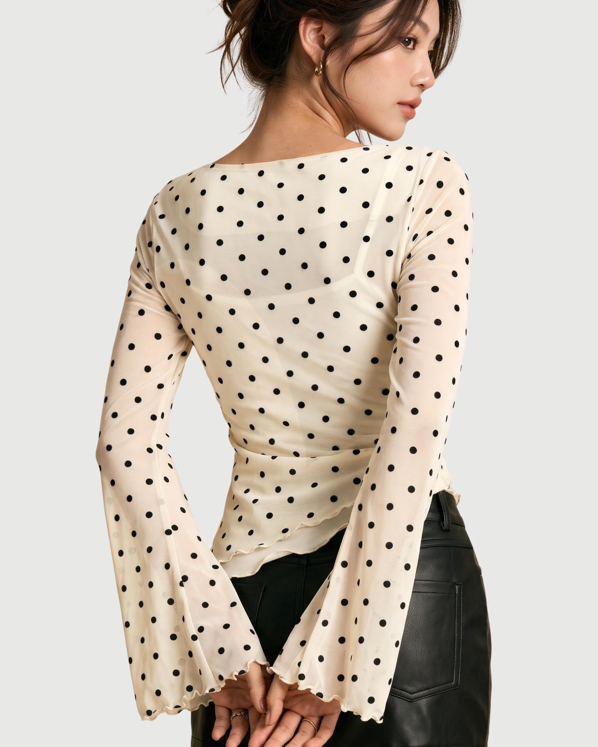 Polka Dot Flare Sleeve Lettuce Trim Mesh Top in Cream