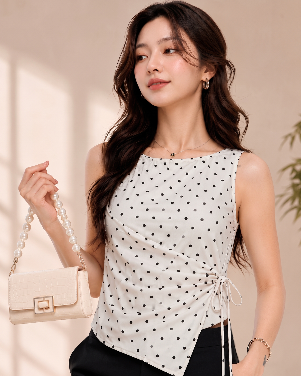 Women's Black Polka Dot Wrap Top with Side Tie