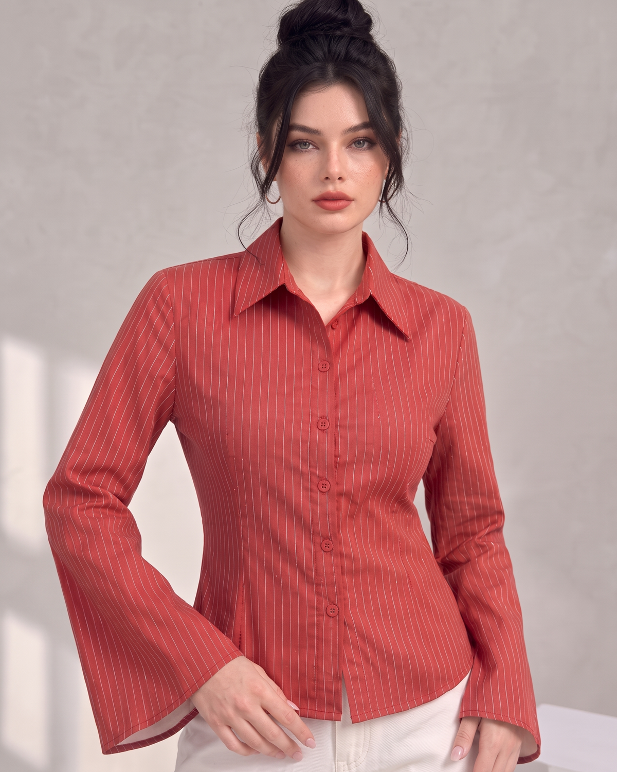 Pinstripe Bell-Sleeve Fitted Shirt in Rust Red