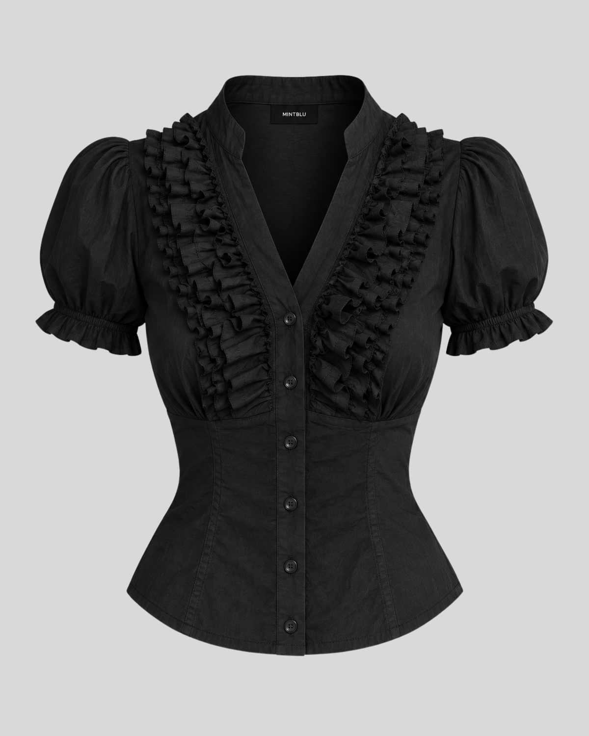 Black Ruffle Front Button Top with Tie-Back Waist
