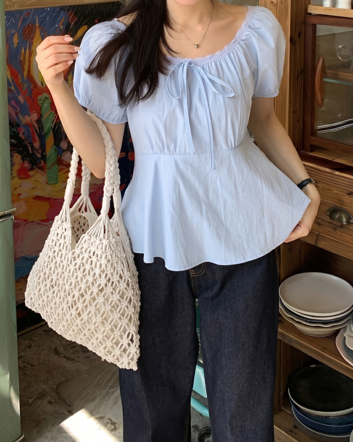 Lace-Trimmed Convertible Milkmaid Peplum Blouse in Sky Blue