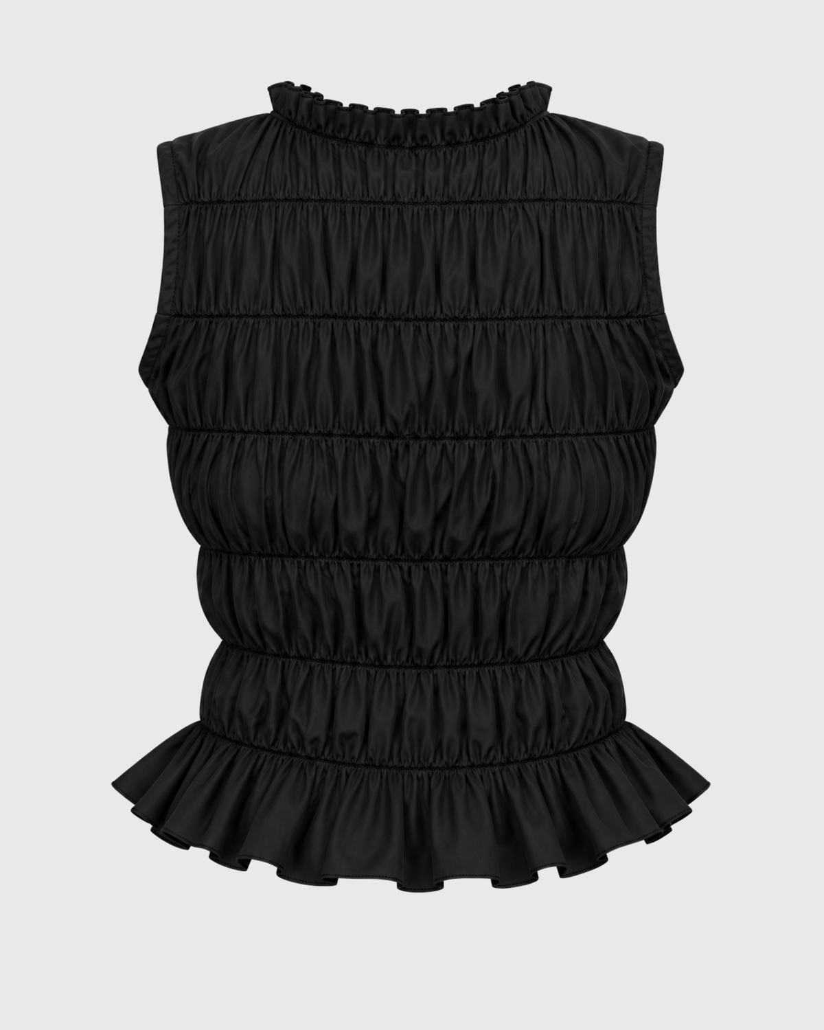 Black Ruffle High-Neck Sleeveless Smocked Peplum Top
