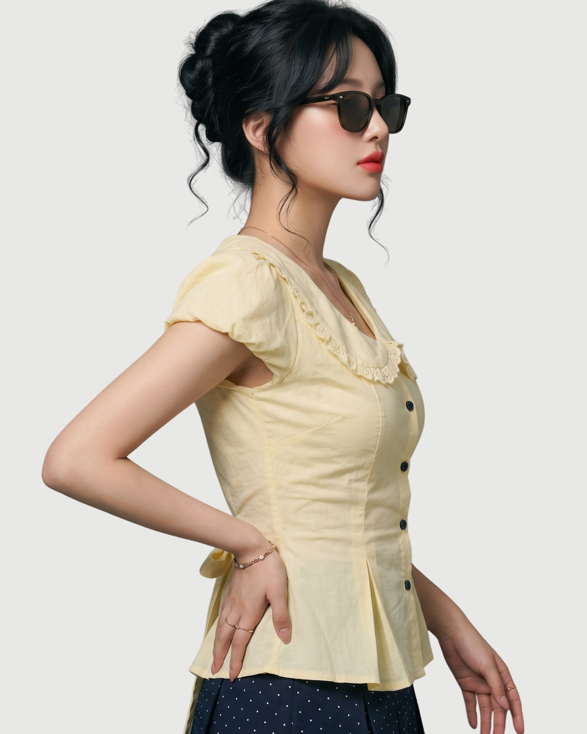Lace-Trimmed Peter Pan Collar Peplum Blouse in Butter Yellow