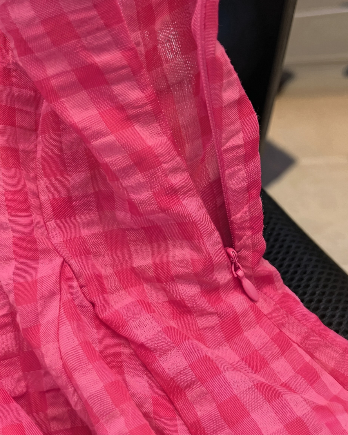 Gingham Scarf-Neck Pleated Peplum Top in Hot Pink