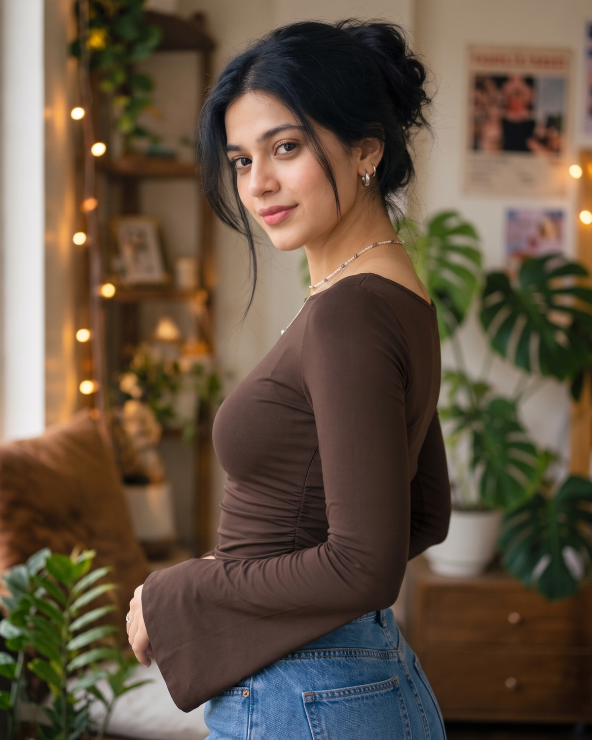 Chocolate Ruched Long Sleeve Top