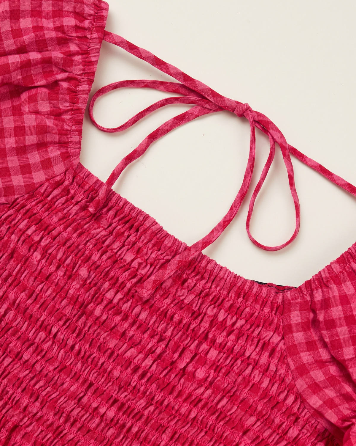 Velvet-Trimmed Gingham Tie-Back Corset Top in Raspberry Pink