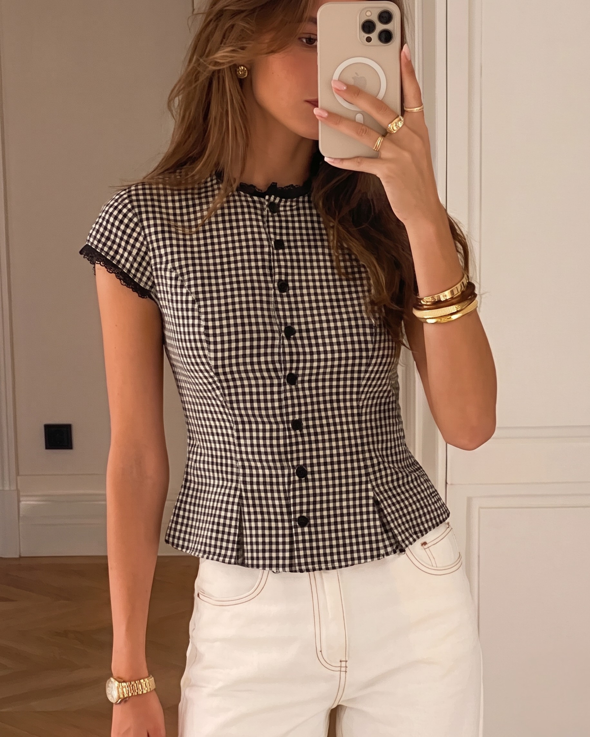 Lace-Trimmed Gingham Tie-Back Peplum Blouse in Black & White