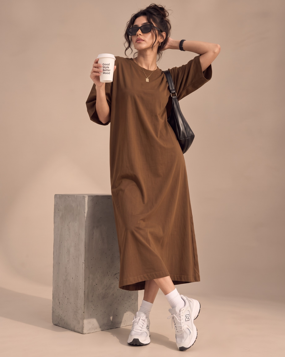 Women's Brown Oversized T-Shirt Maxi Dress with Pockets