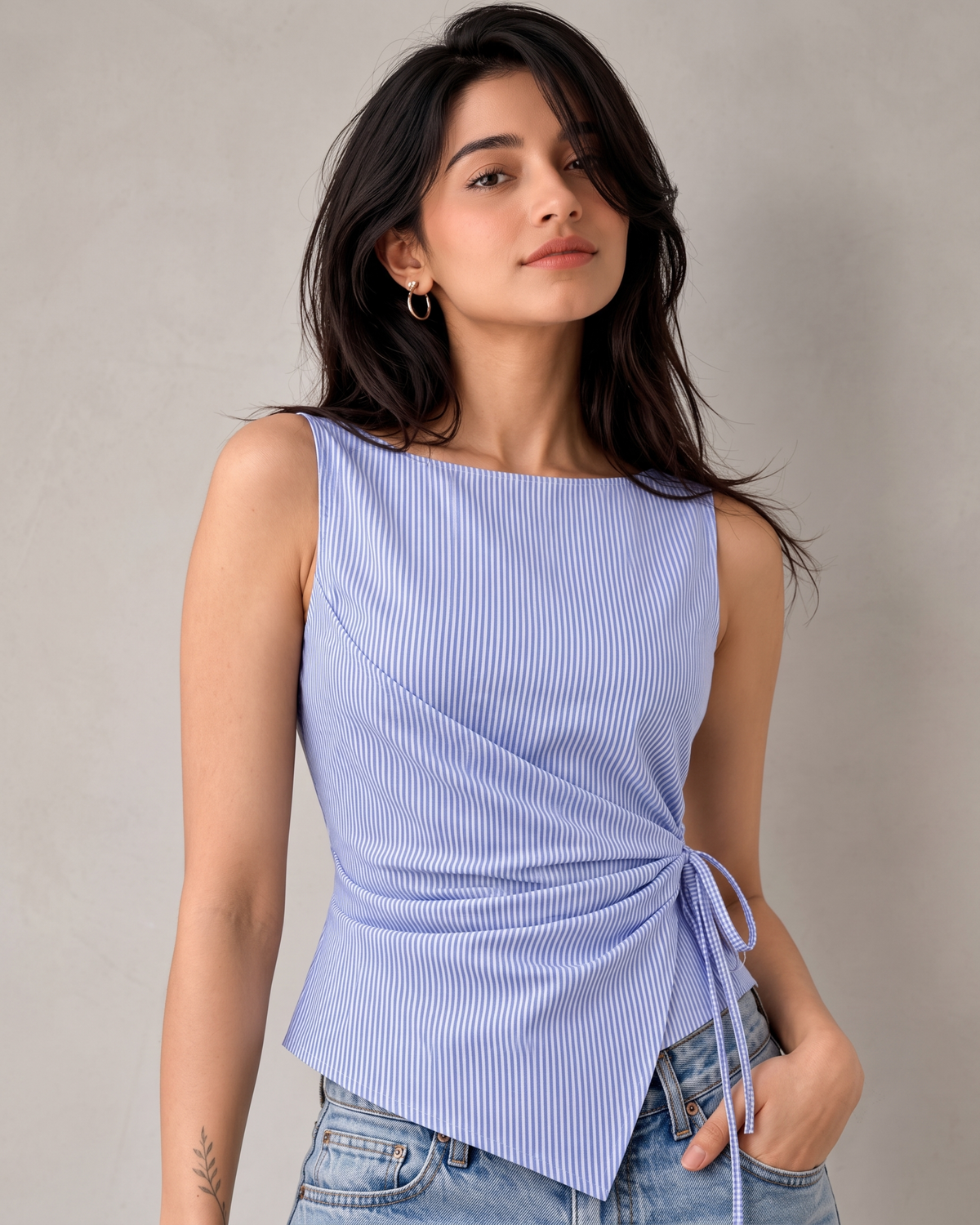 Women's Light Blue Striped Sleeveless Wrap Top