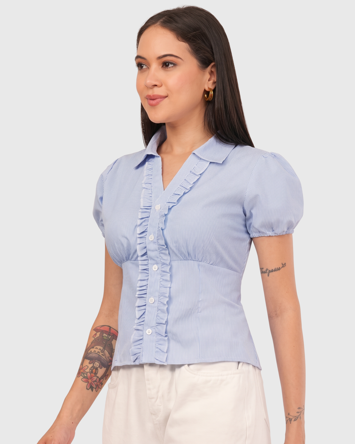 Women's Light Blue Striped Ruffle Front Peplum Top