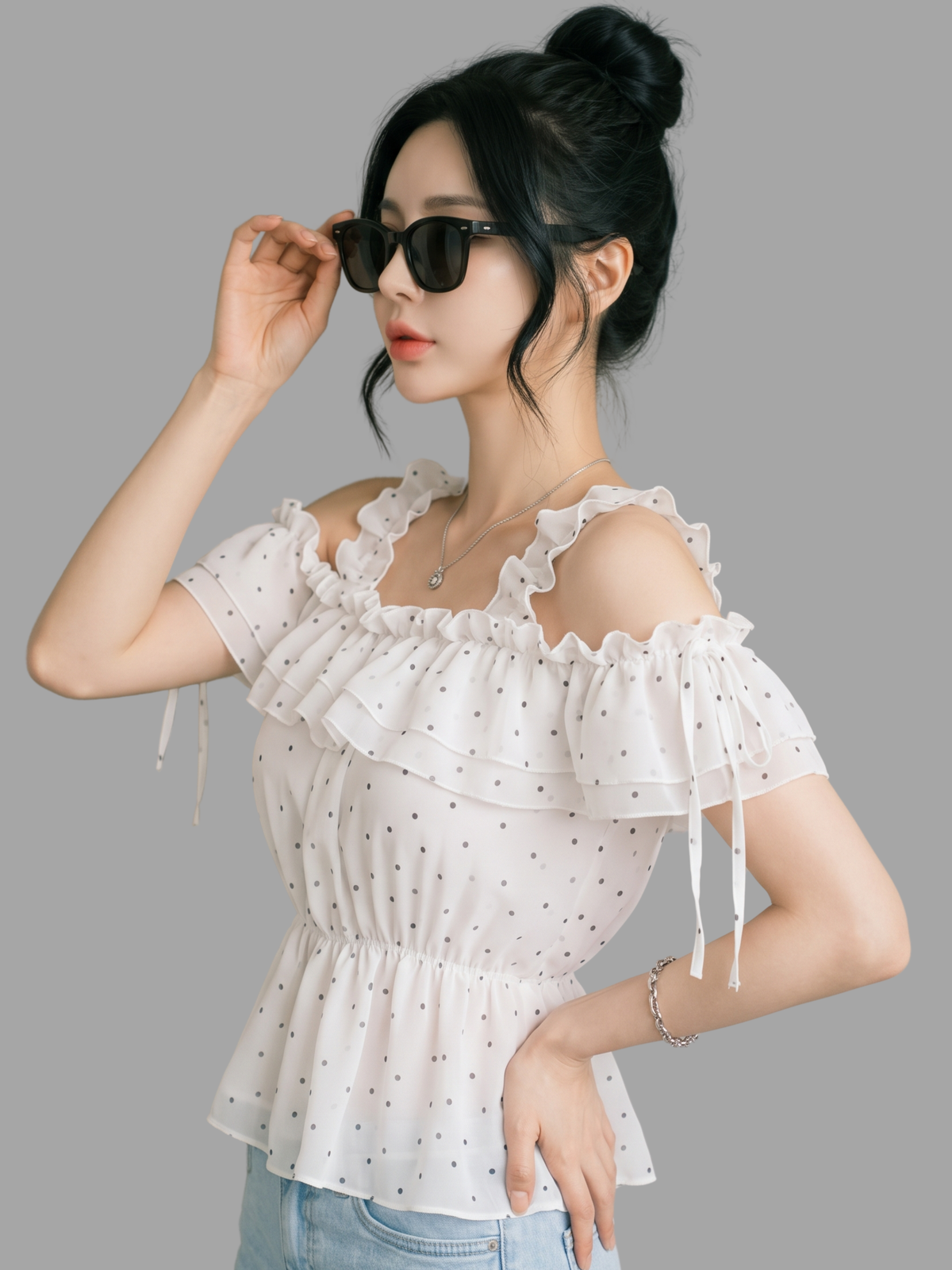 Polka Dot Ruffle Cold-Shoulder Peplum Top in White