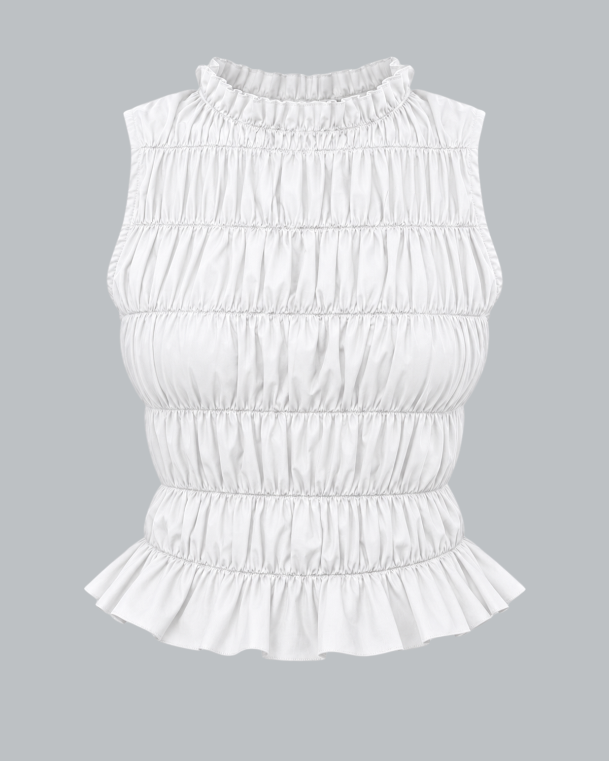 White Ruffle High-Neck Sleeveless Smocked Peplum Top