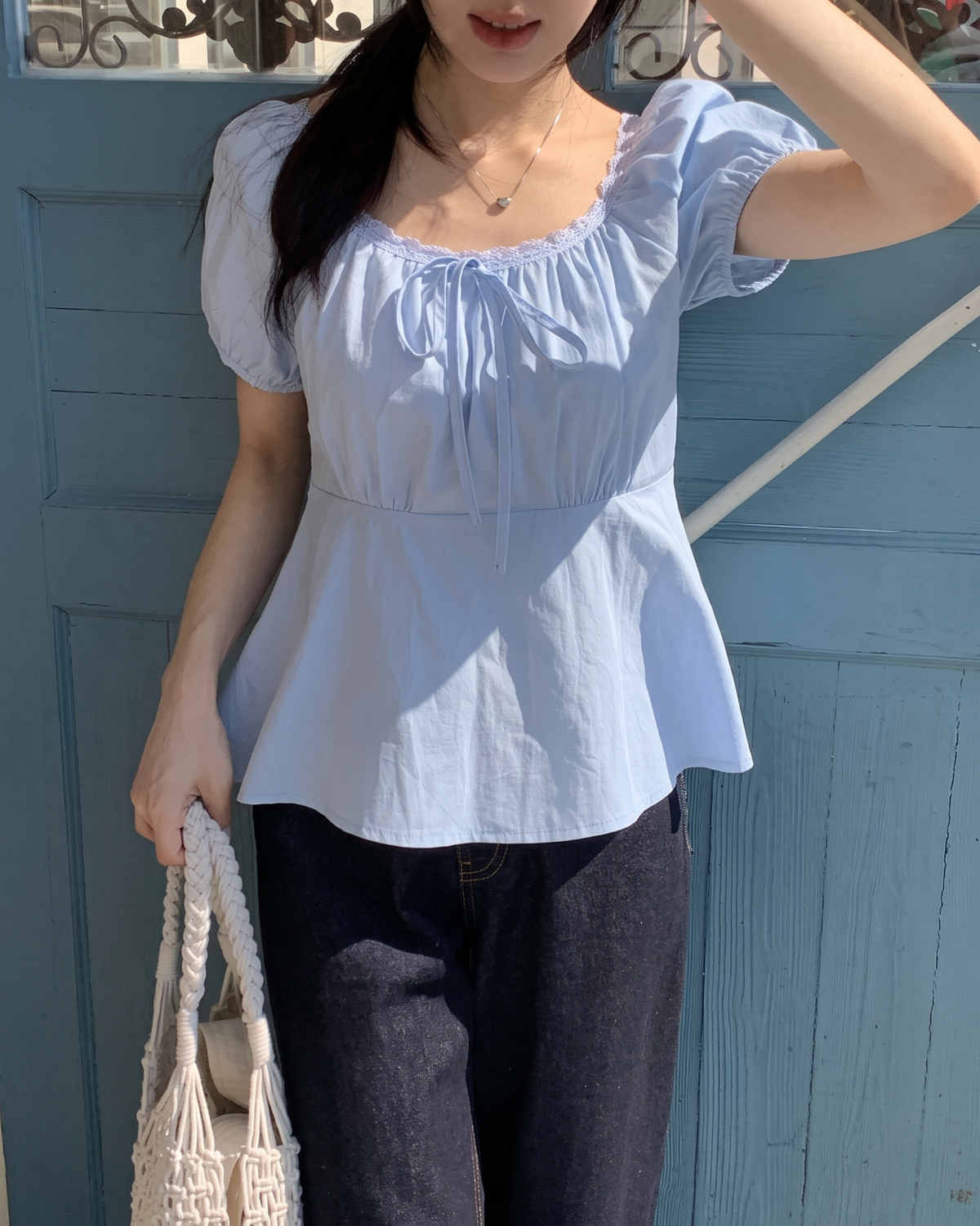 Lace-Trimmed Convertible Milkmaid Peplum Blouse in Sky Blue
