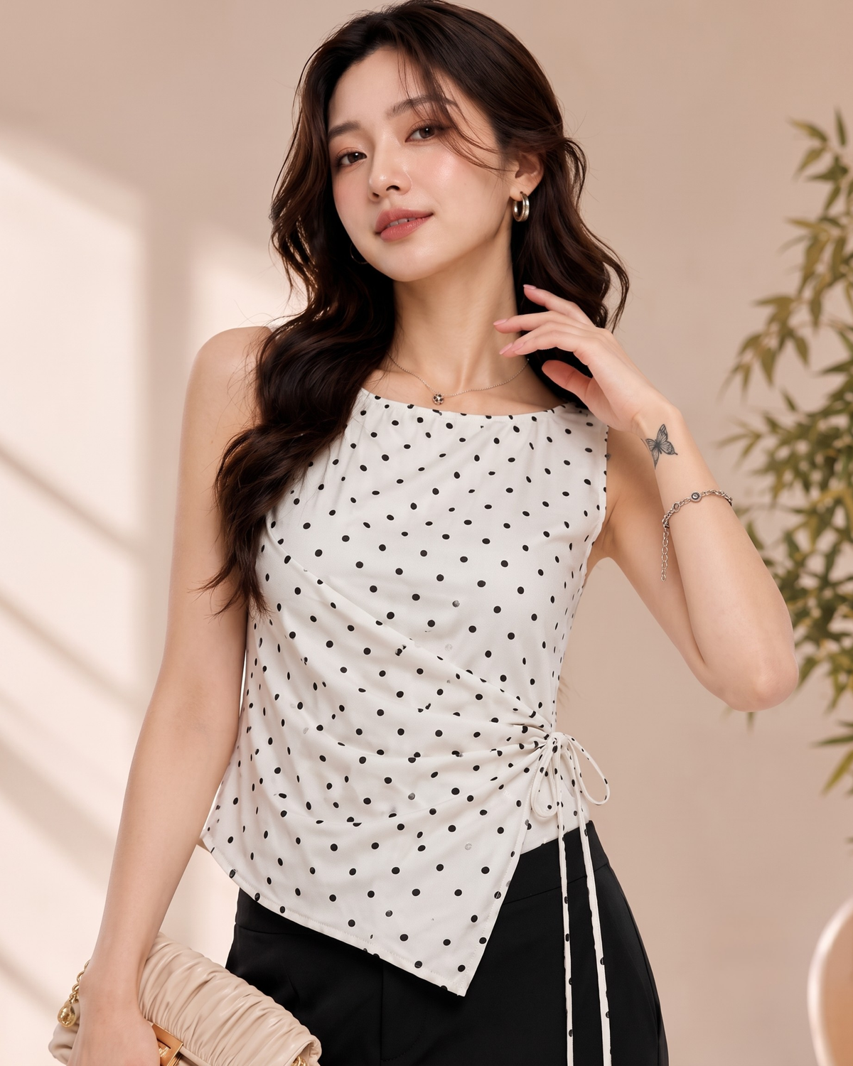 Women's Black Polka Dot Wrap Top with Side Tie