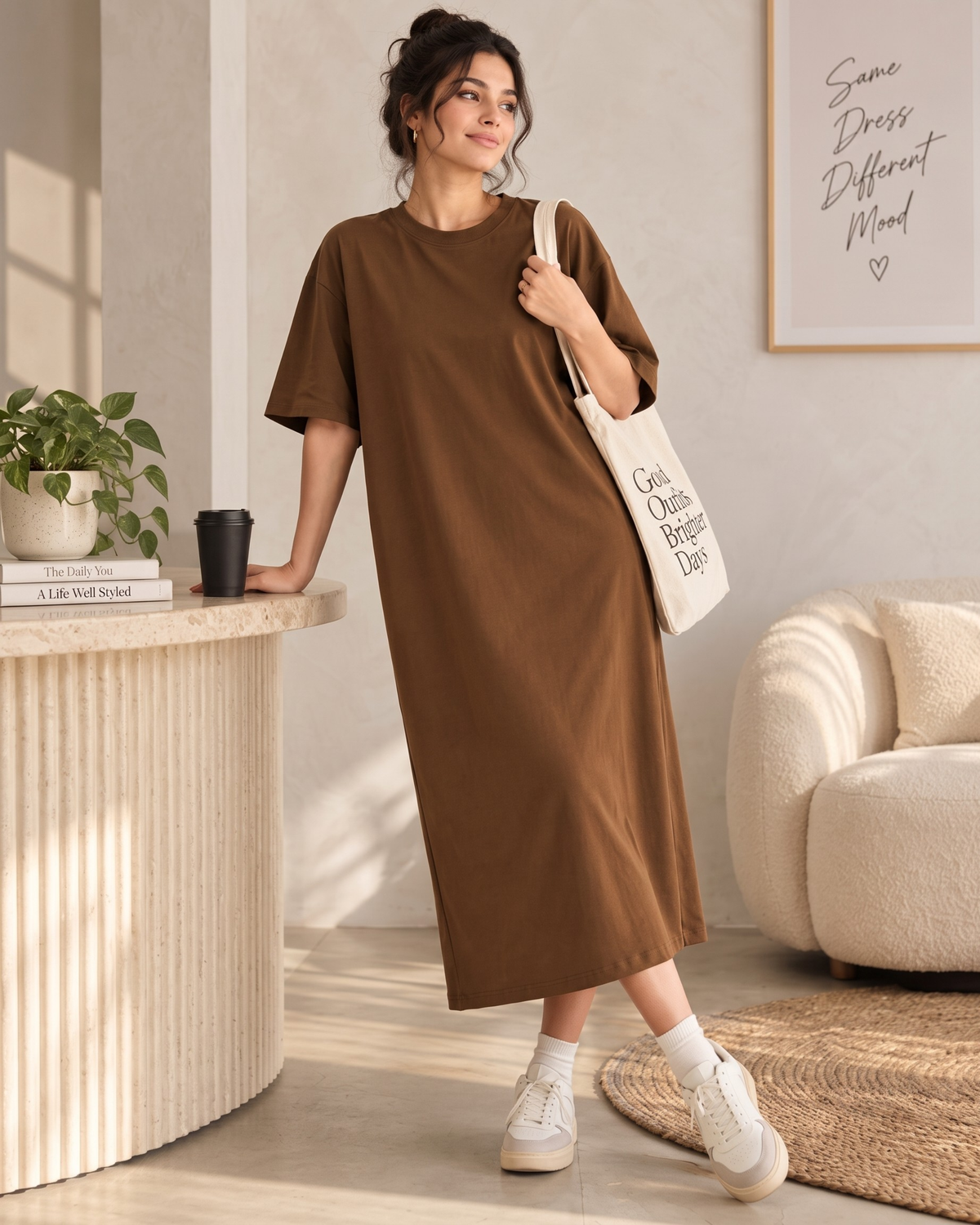 Women's Brown Oversized T-Shirt Maxi Dress with Pockets