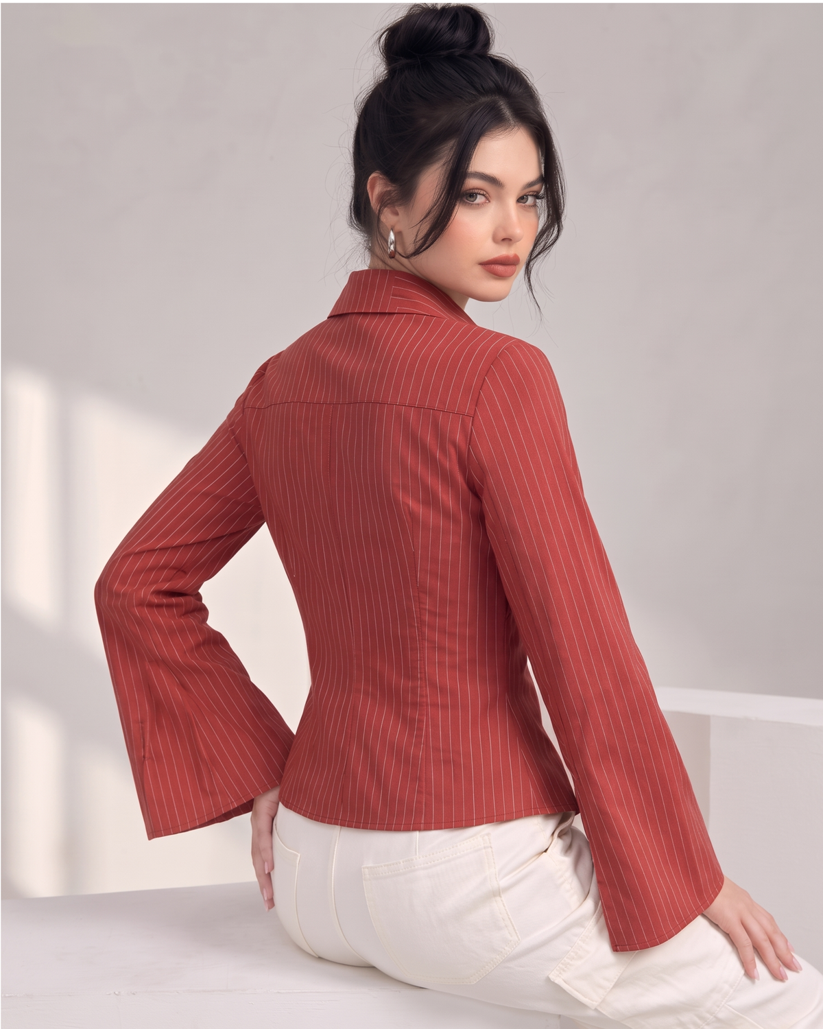 Pinstripe Bell-Sleeve Fitted Shirt in Rust Red