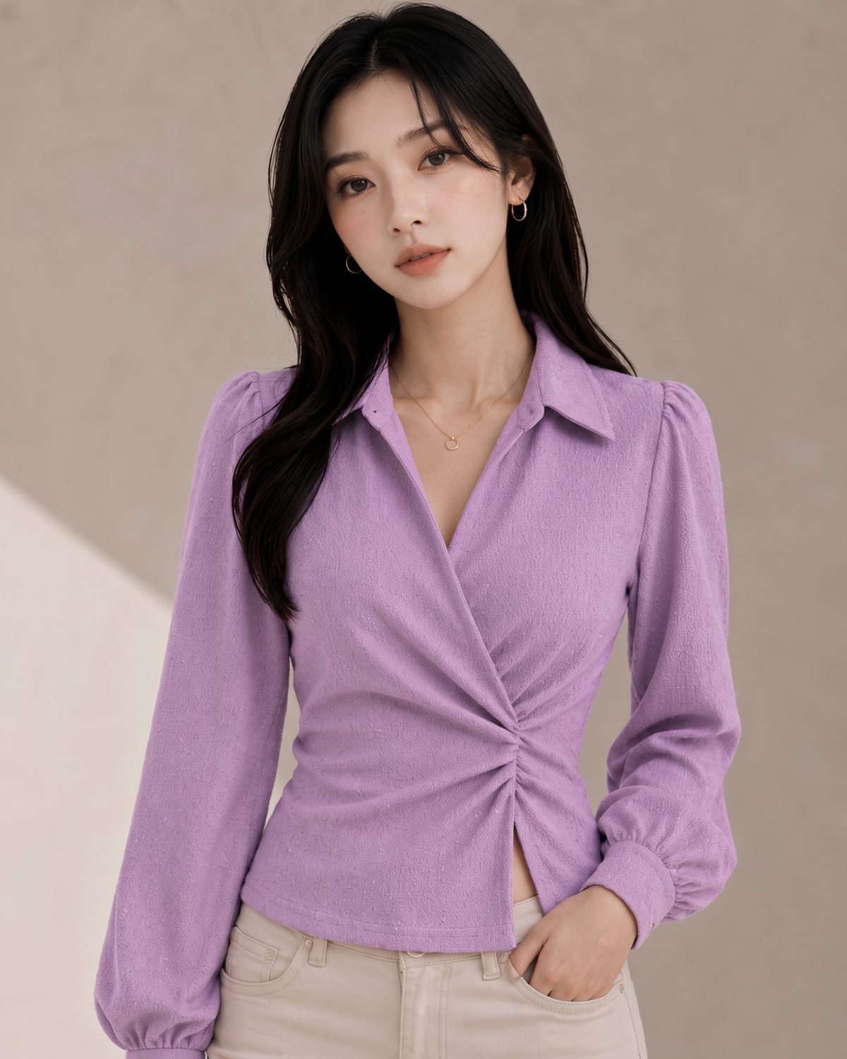 Lavender V-Neck Bubble Wrap Top