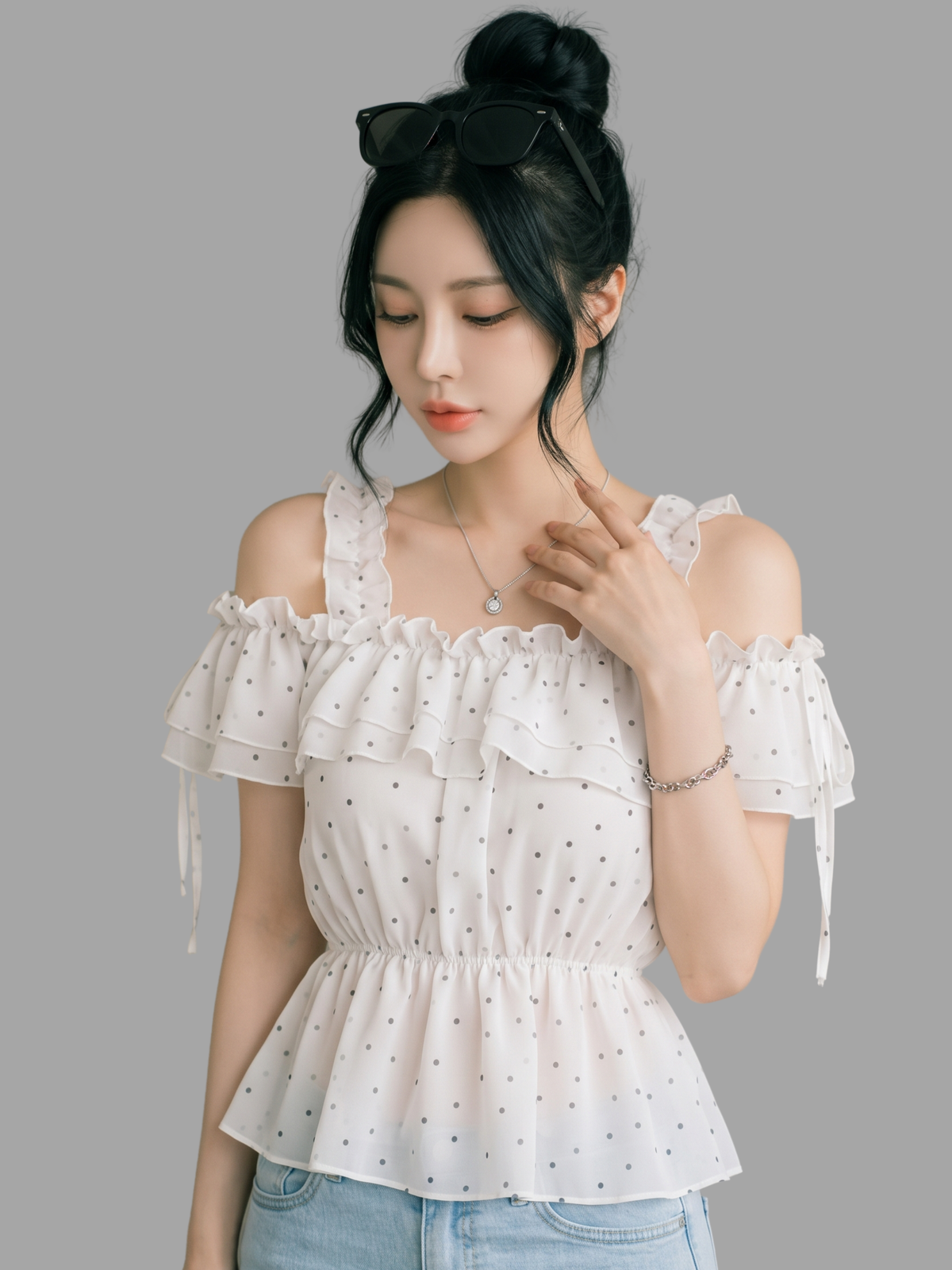 Polka Dot Ruffle Cold-Shoulder Peplum Top in White