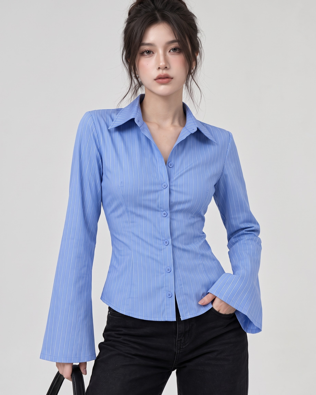 womens-blue-striped-flared-sleeve-shirt