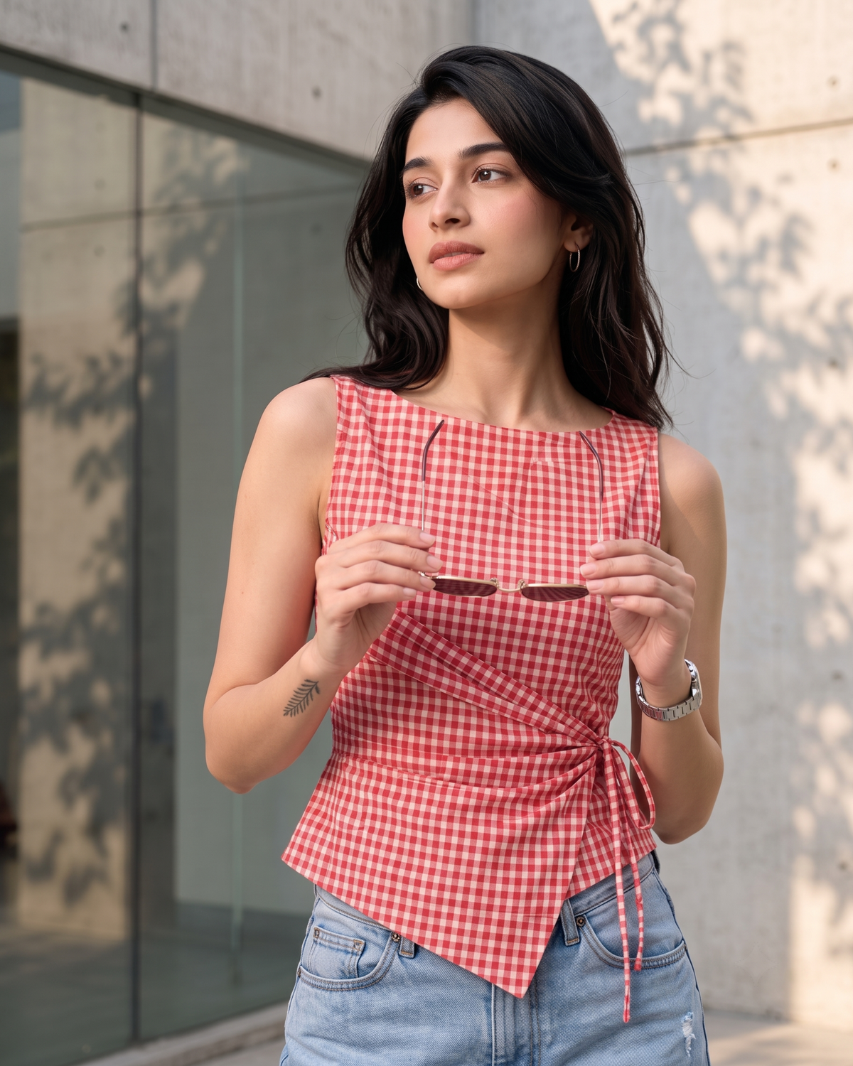 Women's Red Gingham Sleeveless Wrap Top