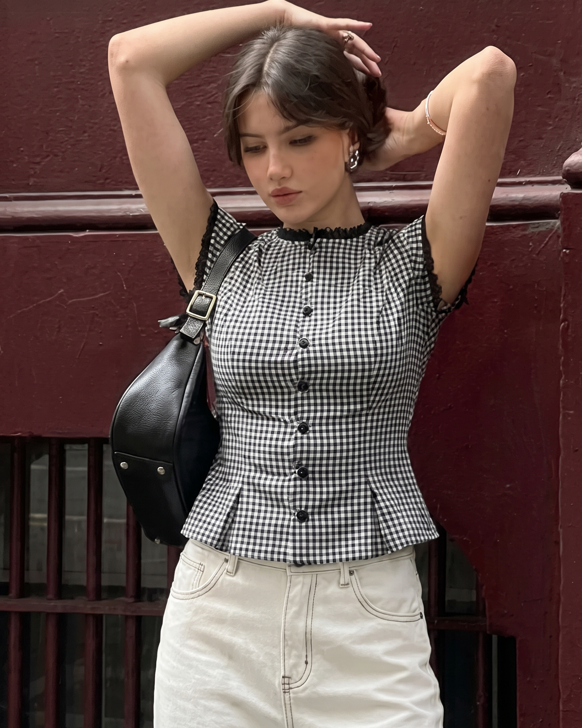 Lace-Trimmed Gingham Tie-Back Peplum Blouse in Black & White