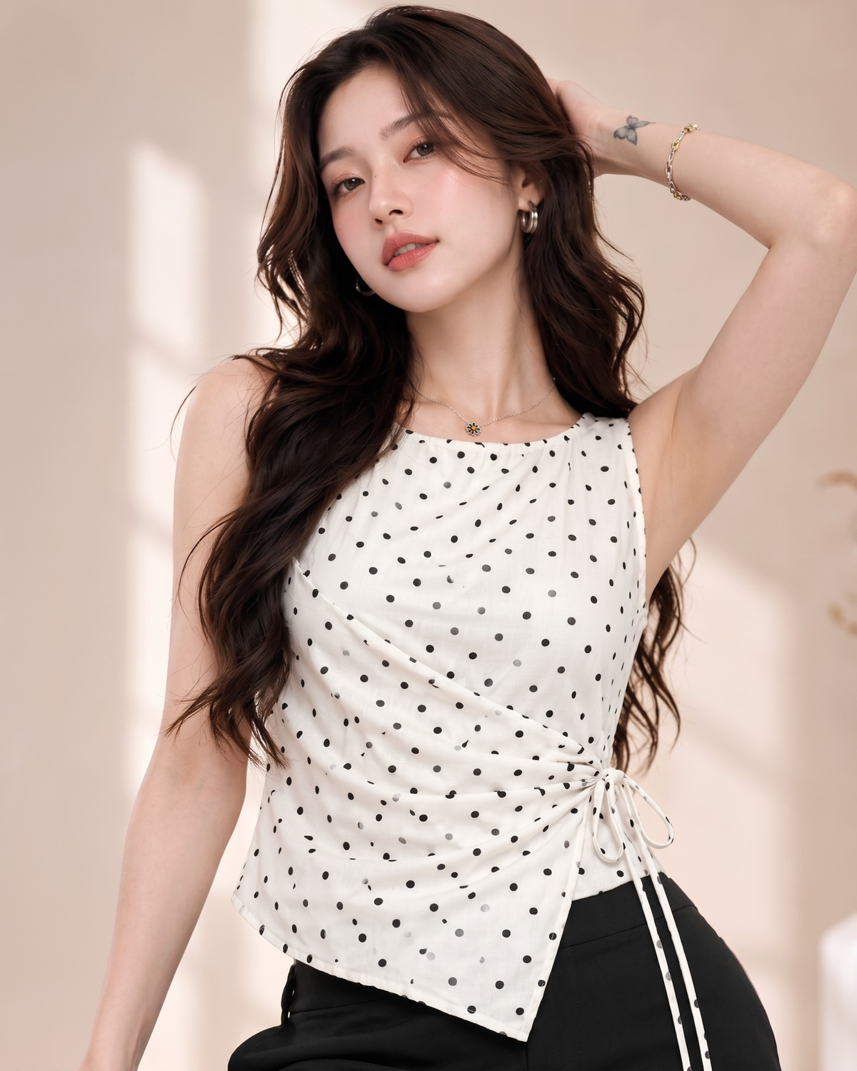 Women's Black Polka Dot Wrap Top with Side Tie