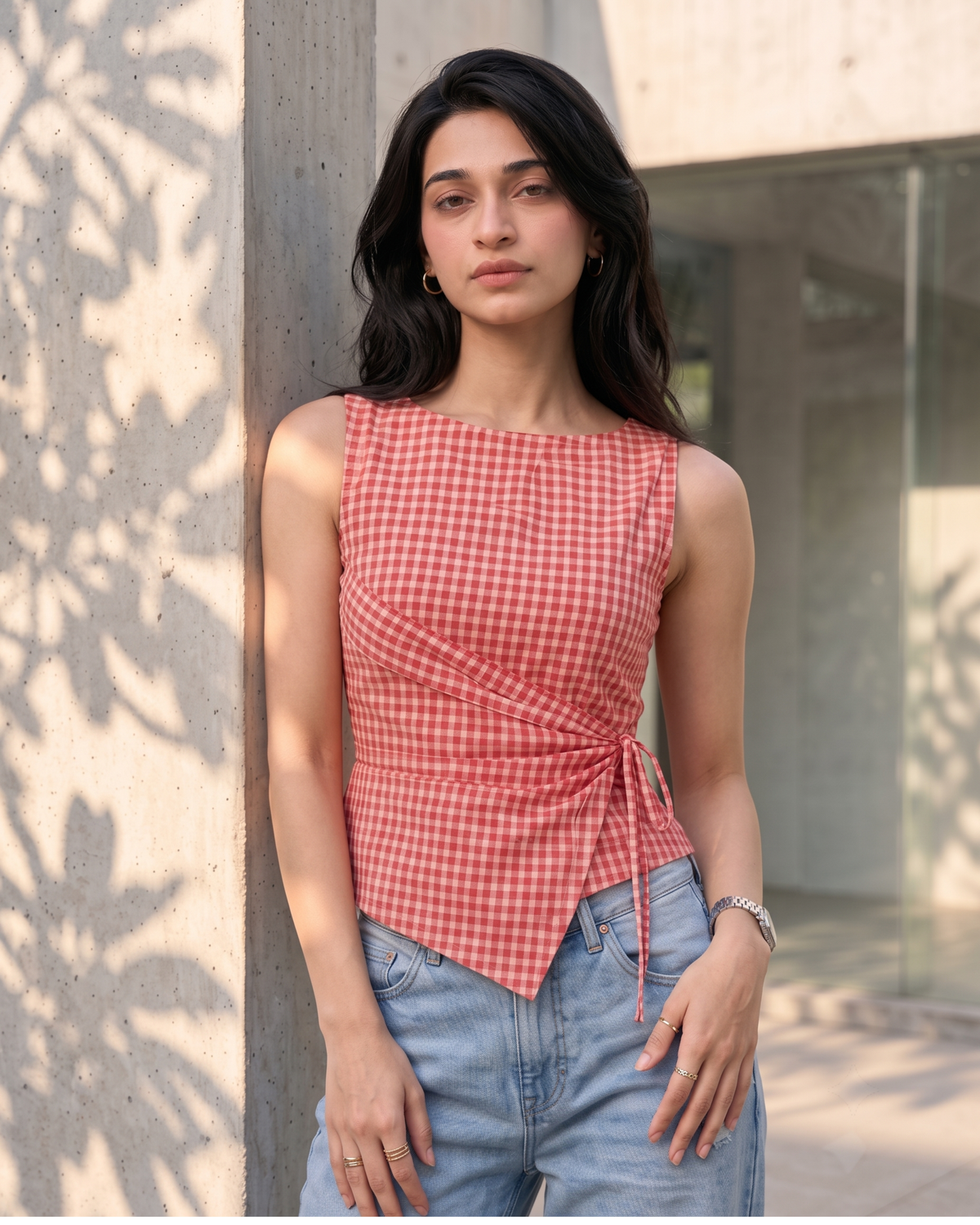 Women's Red Gingham Sleeveless Wrap Top