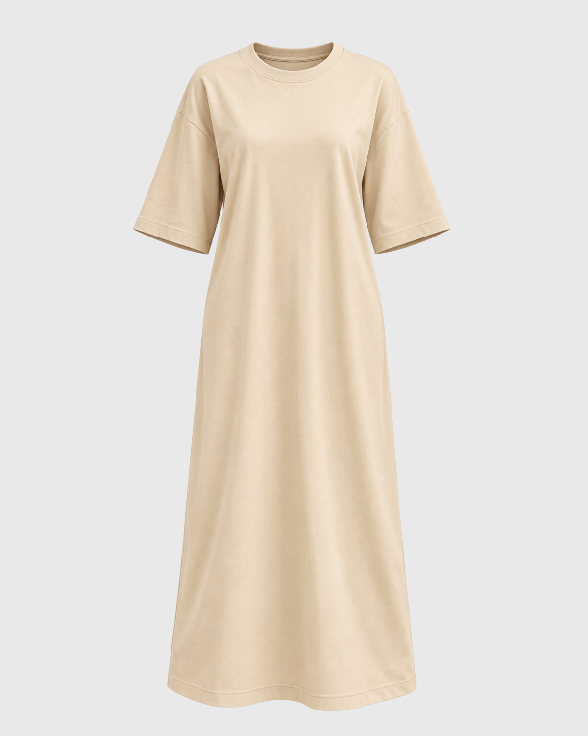 Women's Beige Oversized T-Shirt Maxi Dress with Pockets