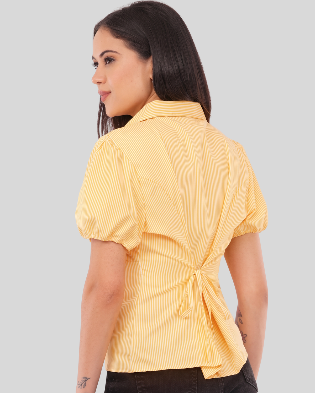 Women's Butter Yellow Striped Ruffle Front Peplum Top