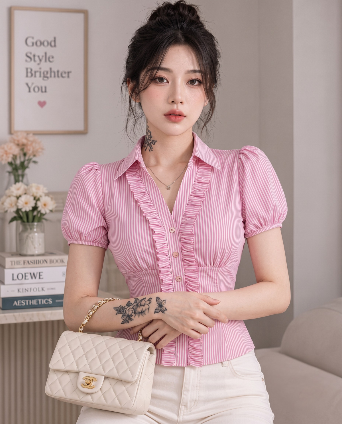 Women's Pink Striped Ruffle Front Peplum Top
