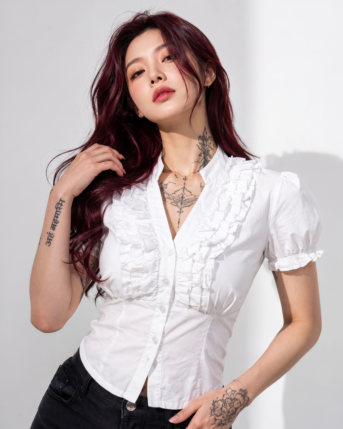 Women's White Ruffle Front Button Top with Tie-Back Waist