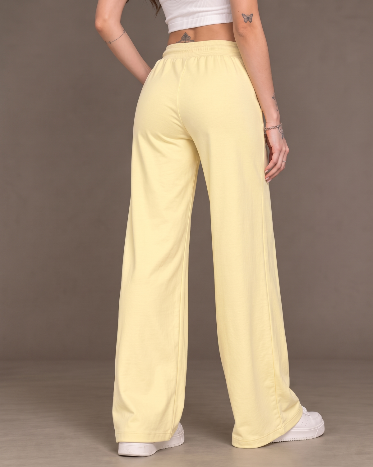 High-Waisted Wide-Leg Drawstring Trousers in Butter Yellow