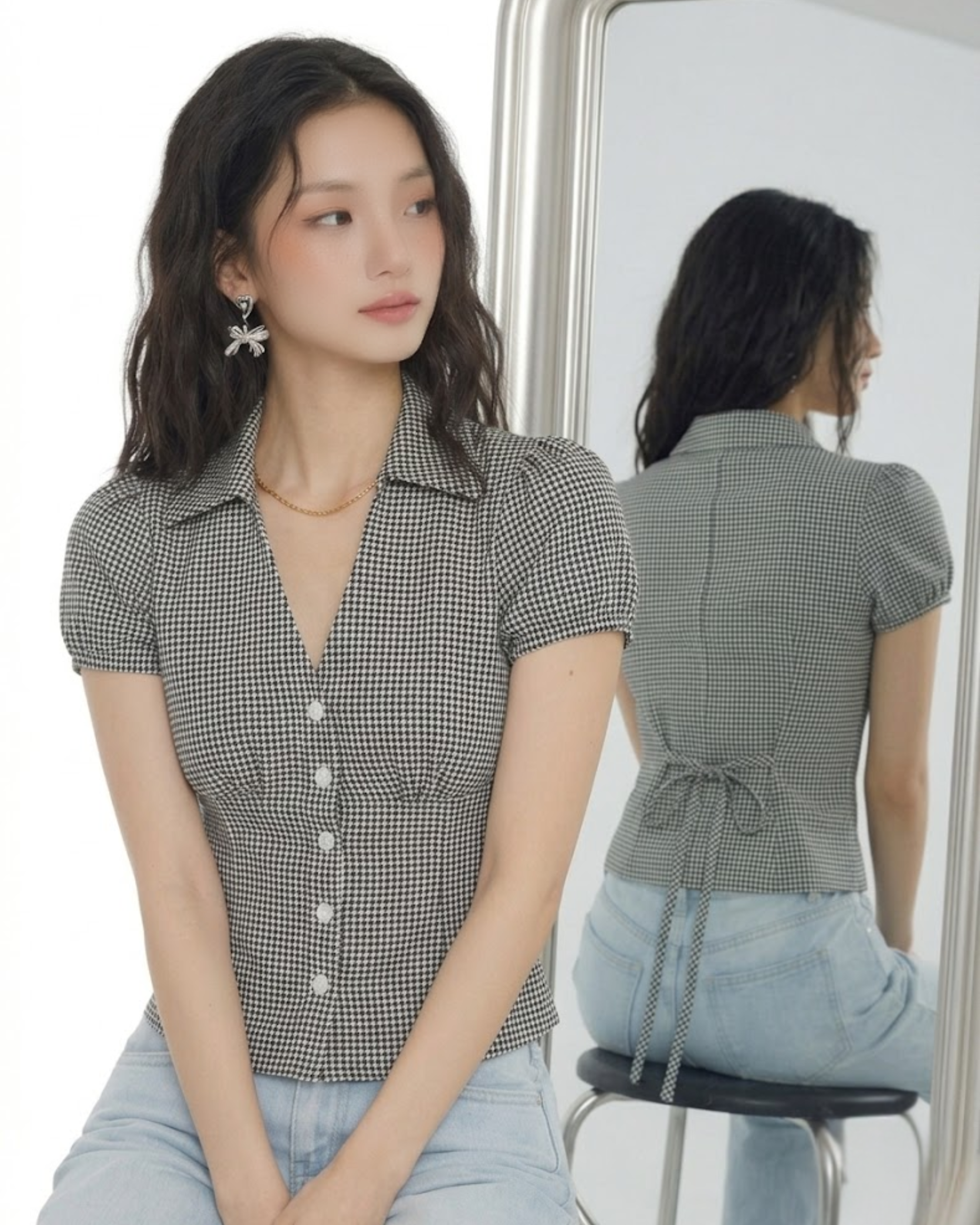 EZLIA Black Dotted Puff Sleeve Shirt Top