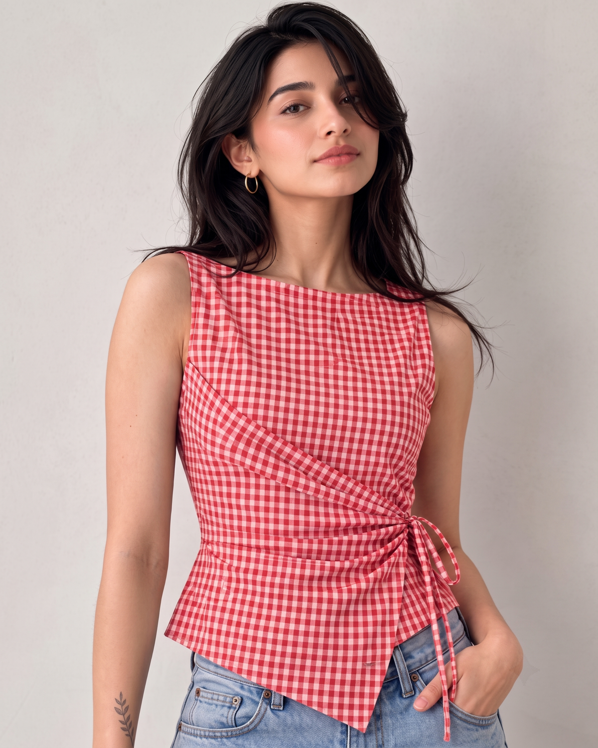 Women's Red Gingham Sleeveless Wrap Top