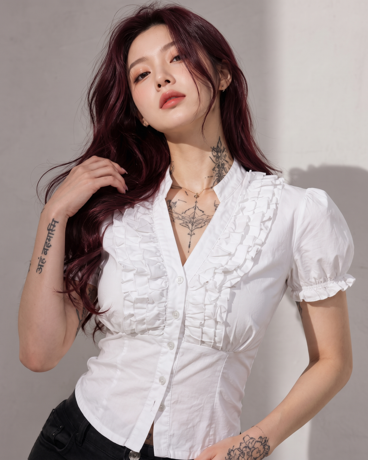 Women's White Ruffle Front Button Top with Tie-Back Waist