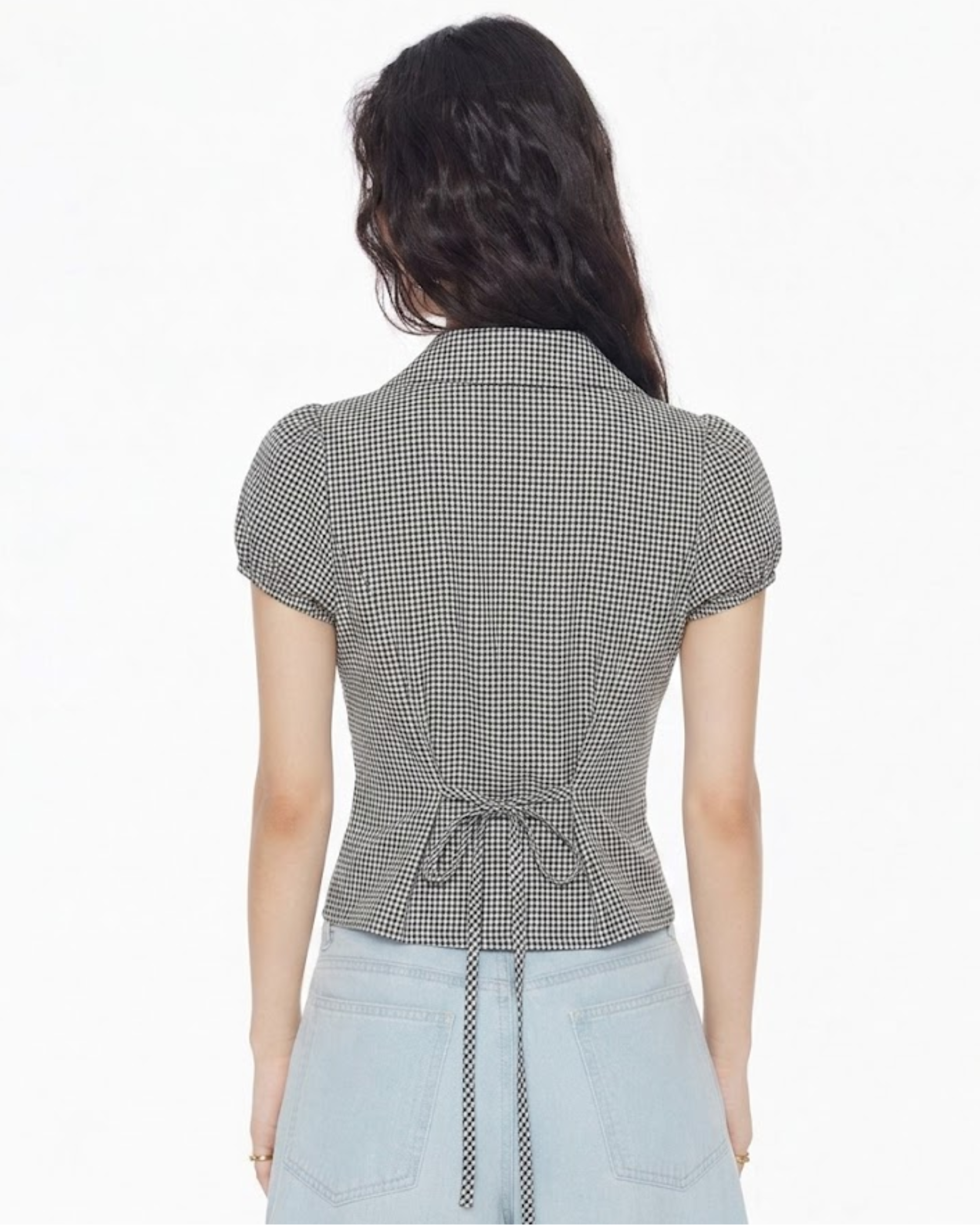 EZLIA Black Dotted Puff Sleeve Shirt Top