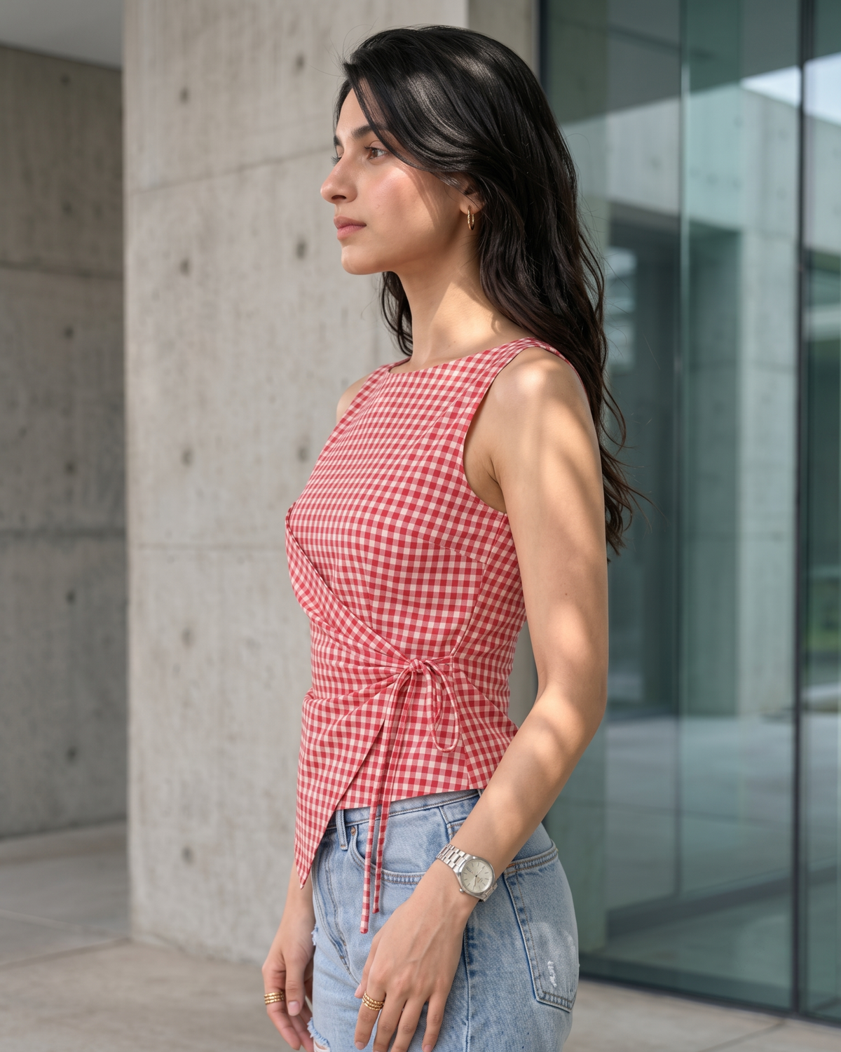 Women's Red Gingham Sleeveless Wrap Top
