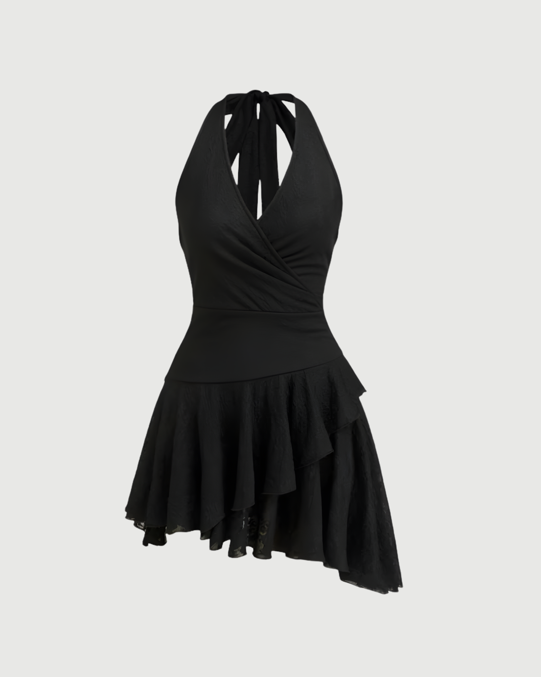 Black Lace Halter-Neck Mini Dress with Knotted Waist
