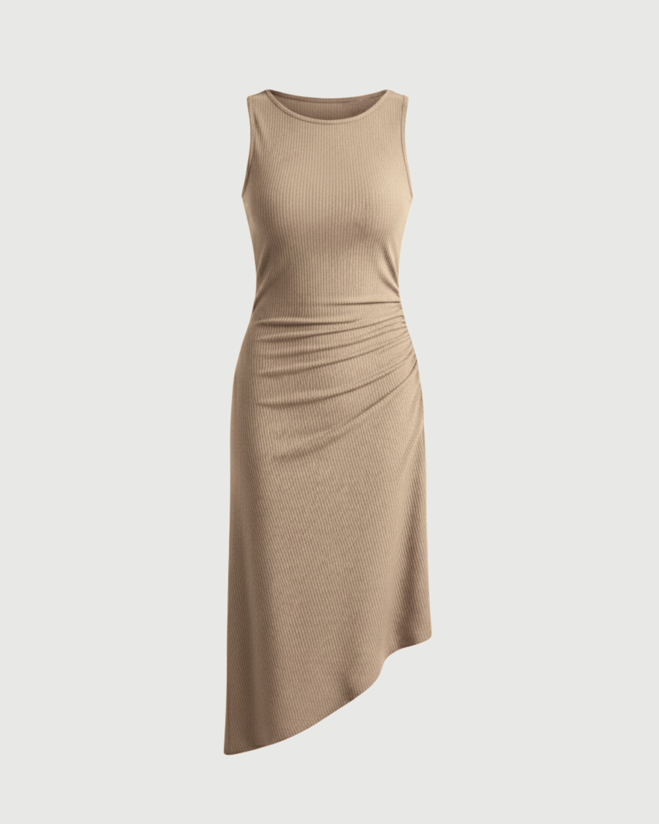 Asymmetric Boat-Neck Draped Midi Dress-Beige