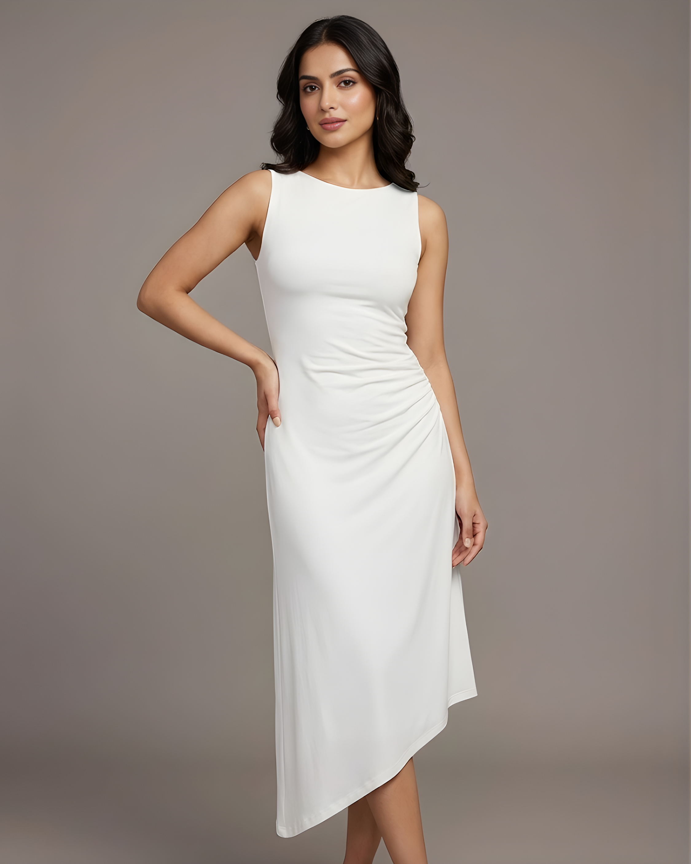 Asymmetric Boat-Neck Draped Midi Dress - White