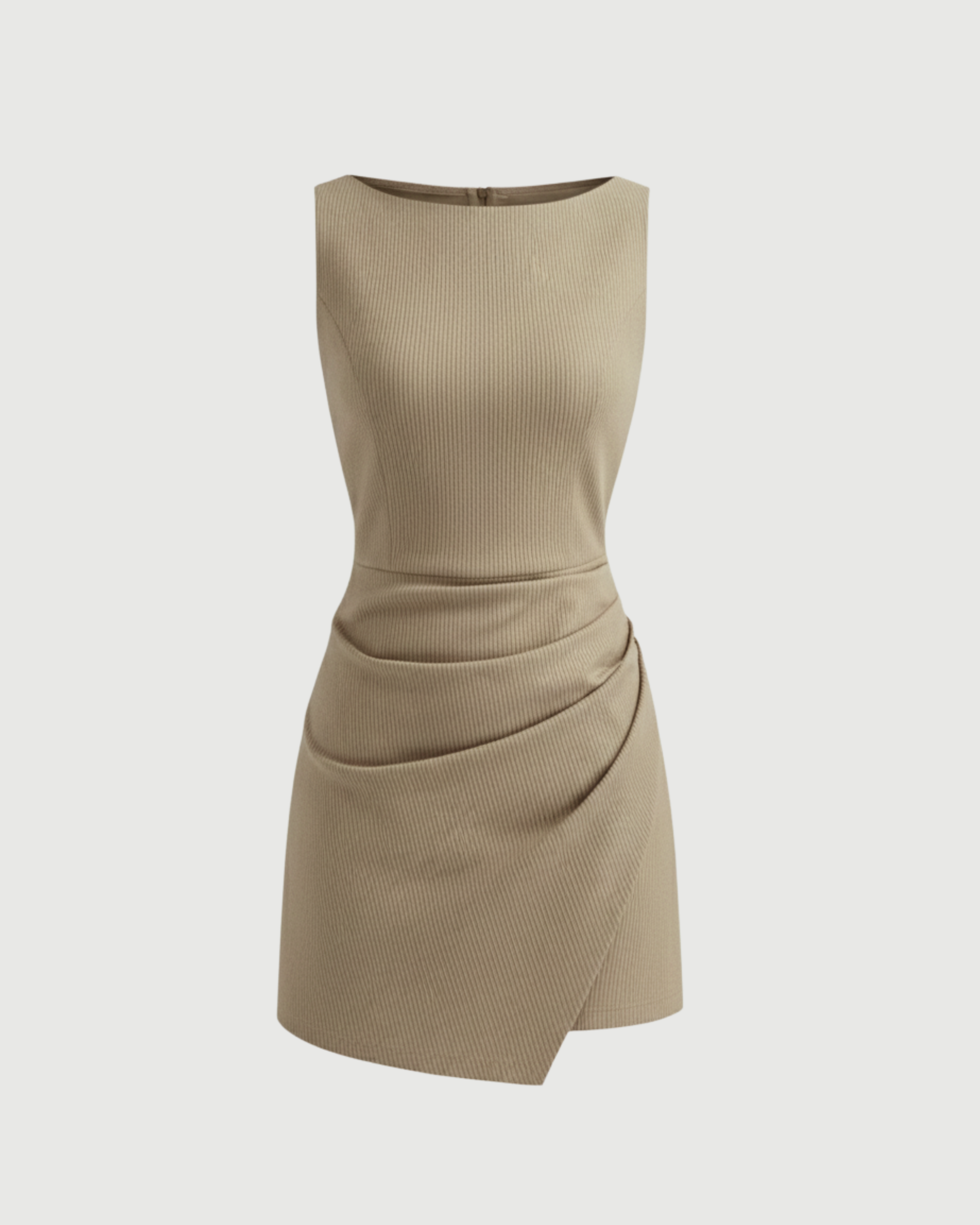Linen-Blend Boat-Neck Draped Mini Dress-Beige
