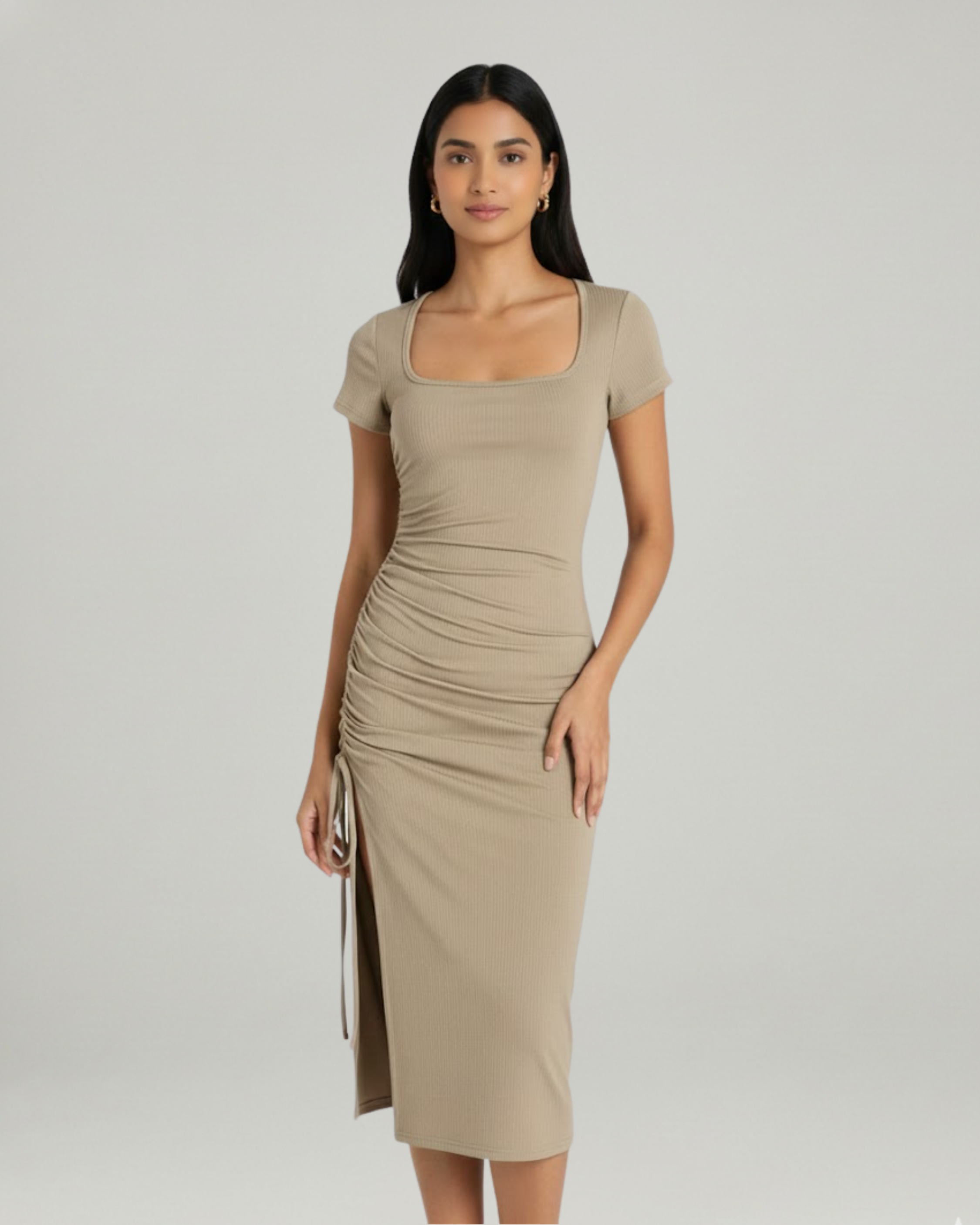 Square-Neck Knotted Slit Midi Dress-Beige
