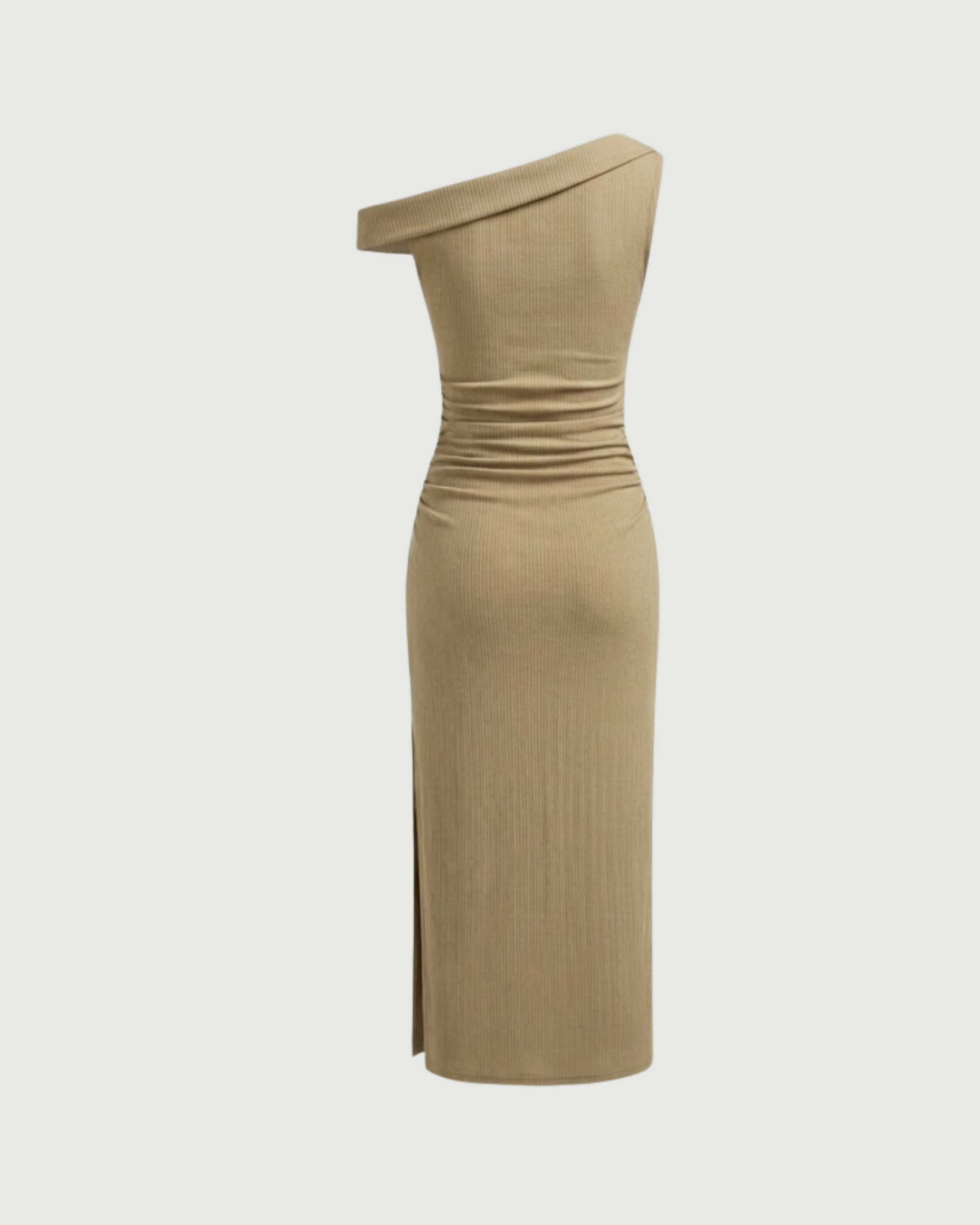 Asymmetrical Neck Ruched Slit Maxi Dress-Beige