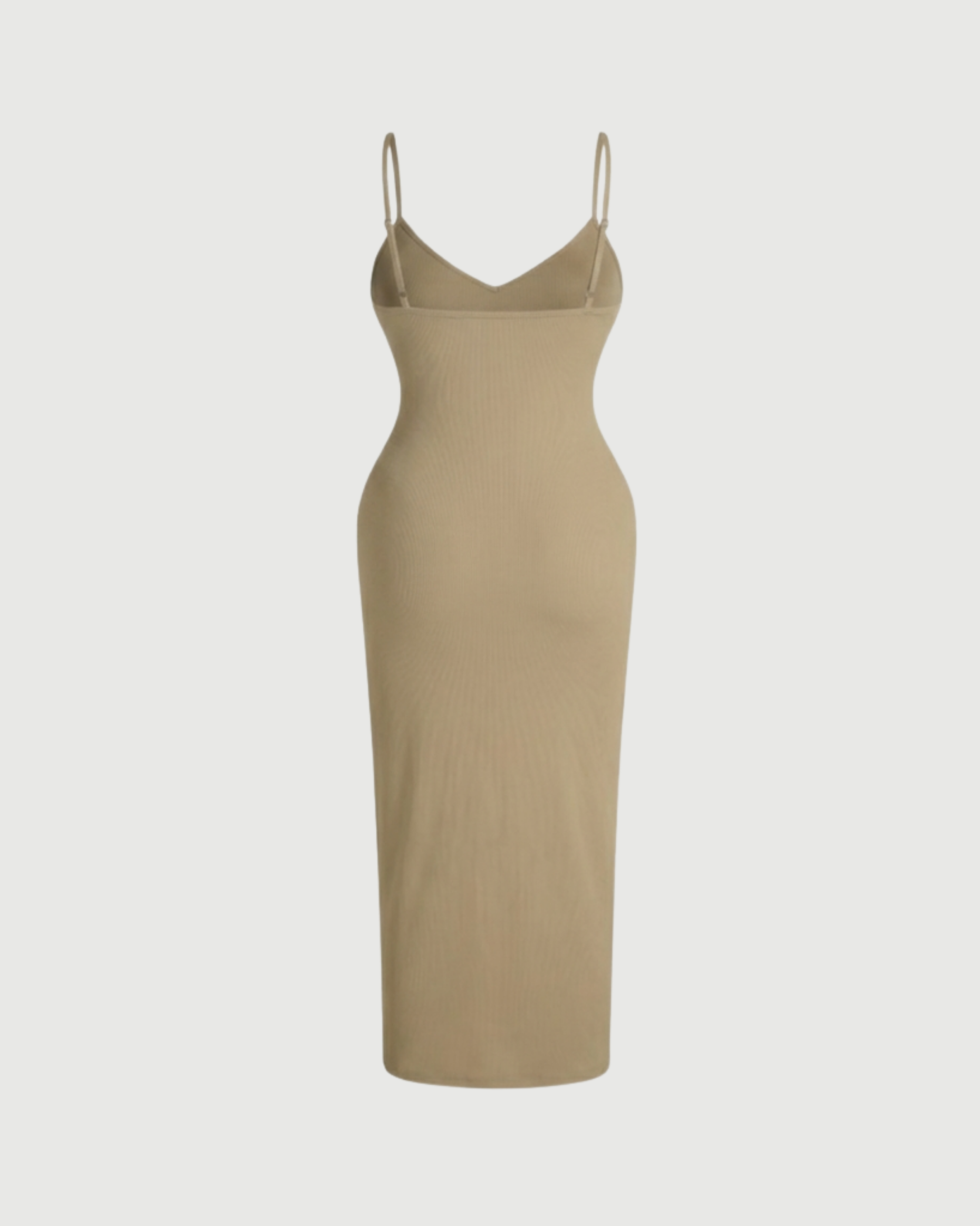 Minimal Solid V-Neck Cami Midi Dress-Beige