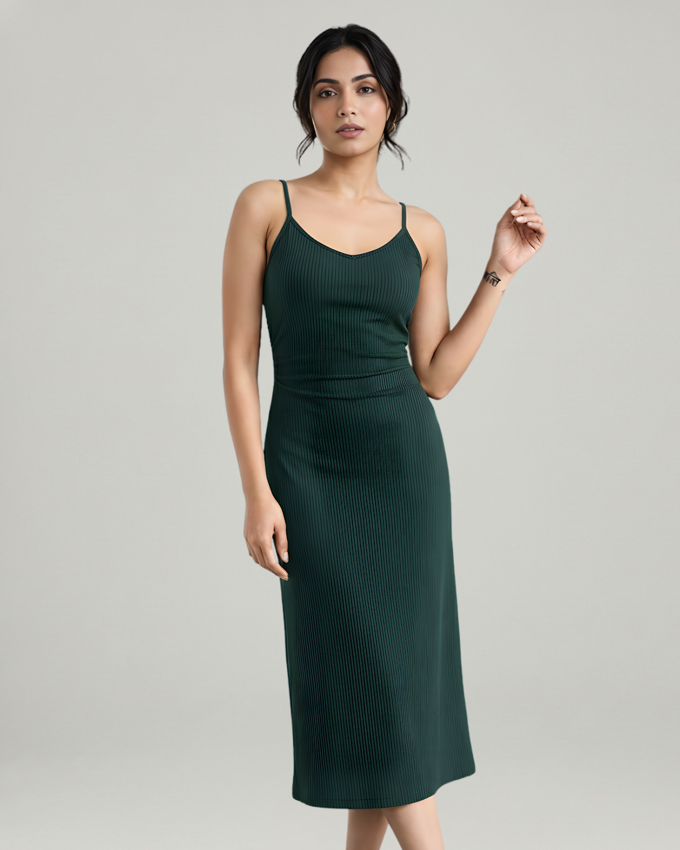 Minimal Solid V-Neck Cami Midi Dress-Dark Green