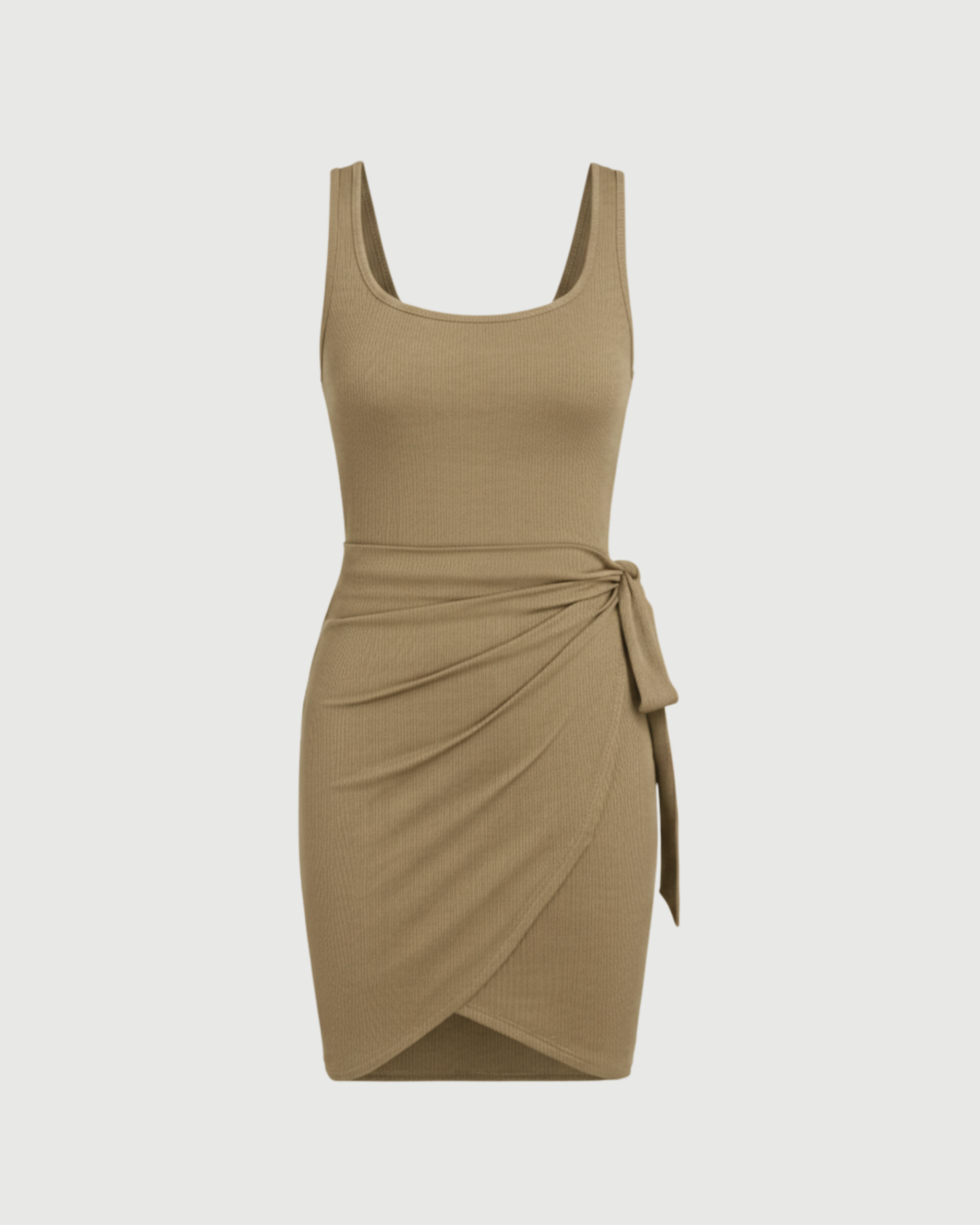 U-Neckline Knot-Detail Mini Dress-Beige