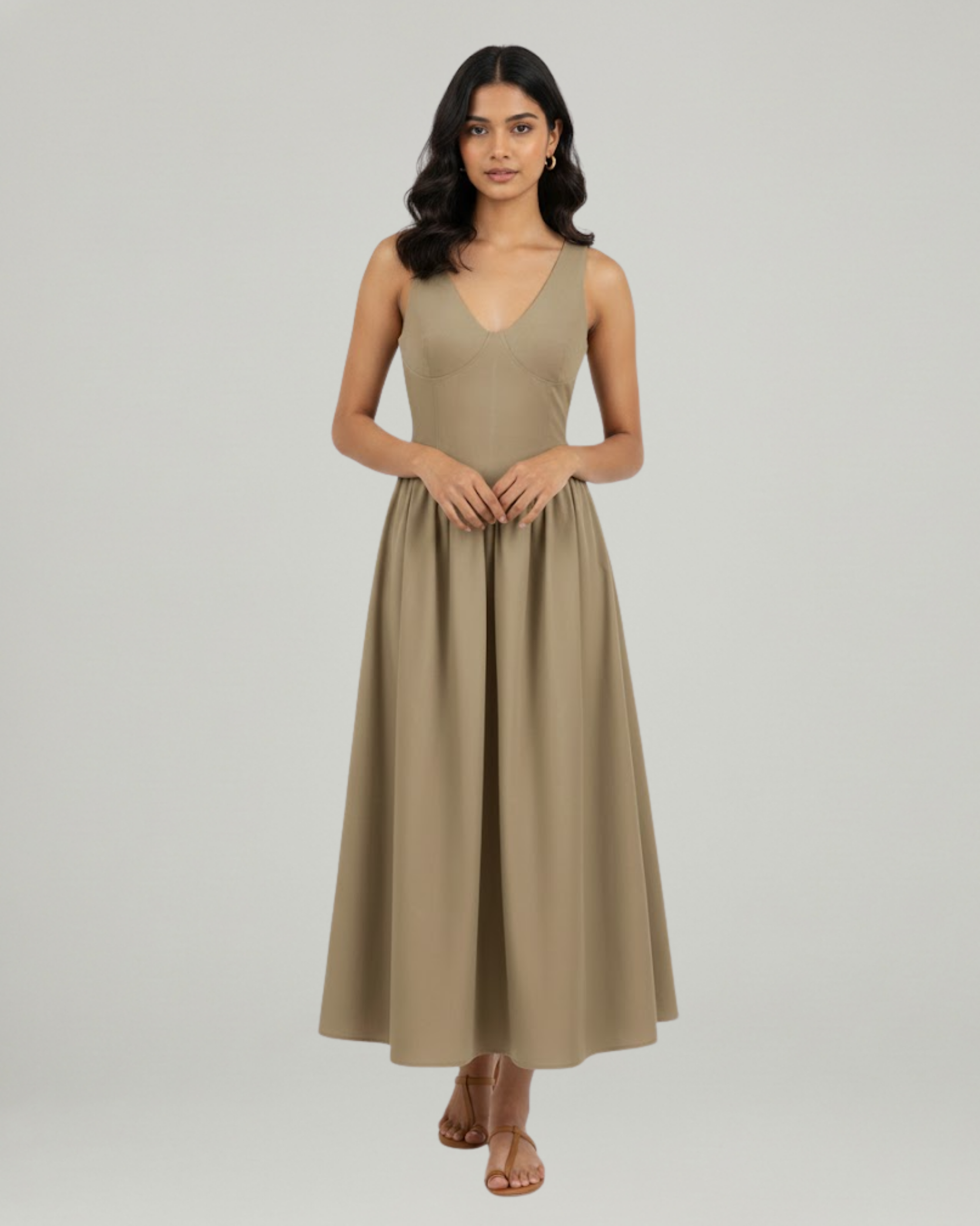 Cotton-Blend V-Neck Ruffle Maxi Dress-Beige