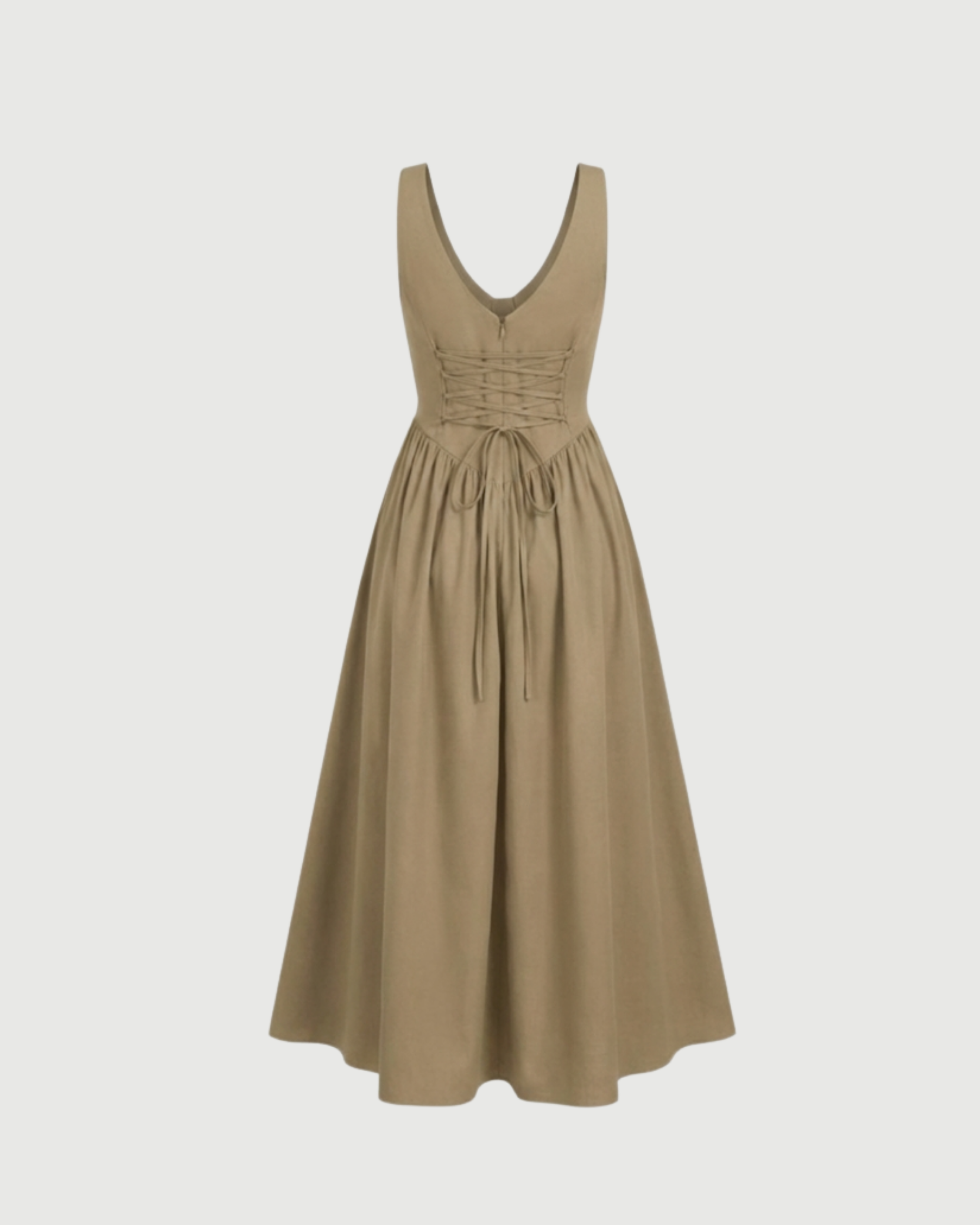 Cotton-Blend V-Neck Ruffle Maxi Dress-Beige