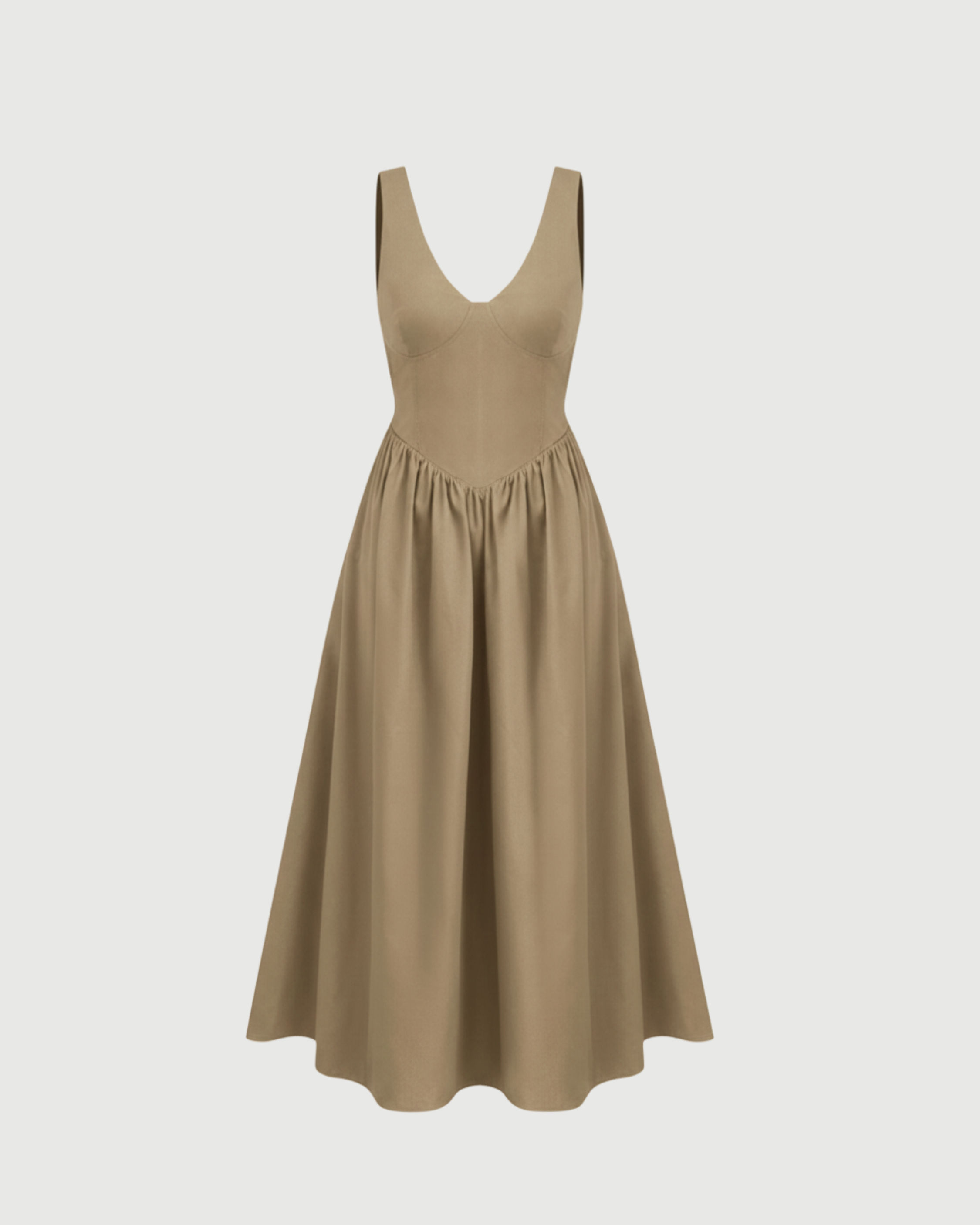 Cotton-Blend V-Neck Ruffle Maxi Dress-Beige