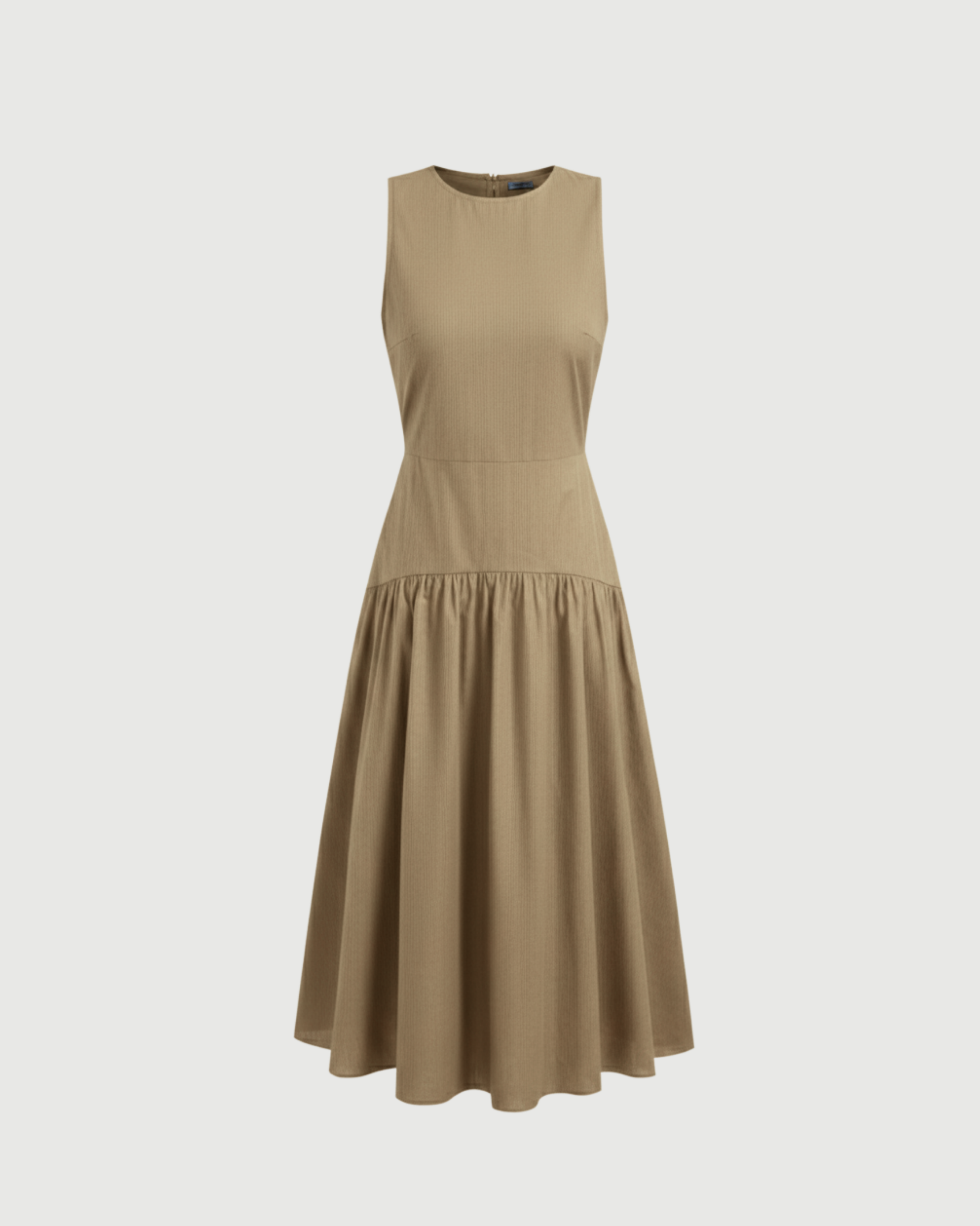 Cotton Ruffle Maxi Dress with Round Neckline-Beige